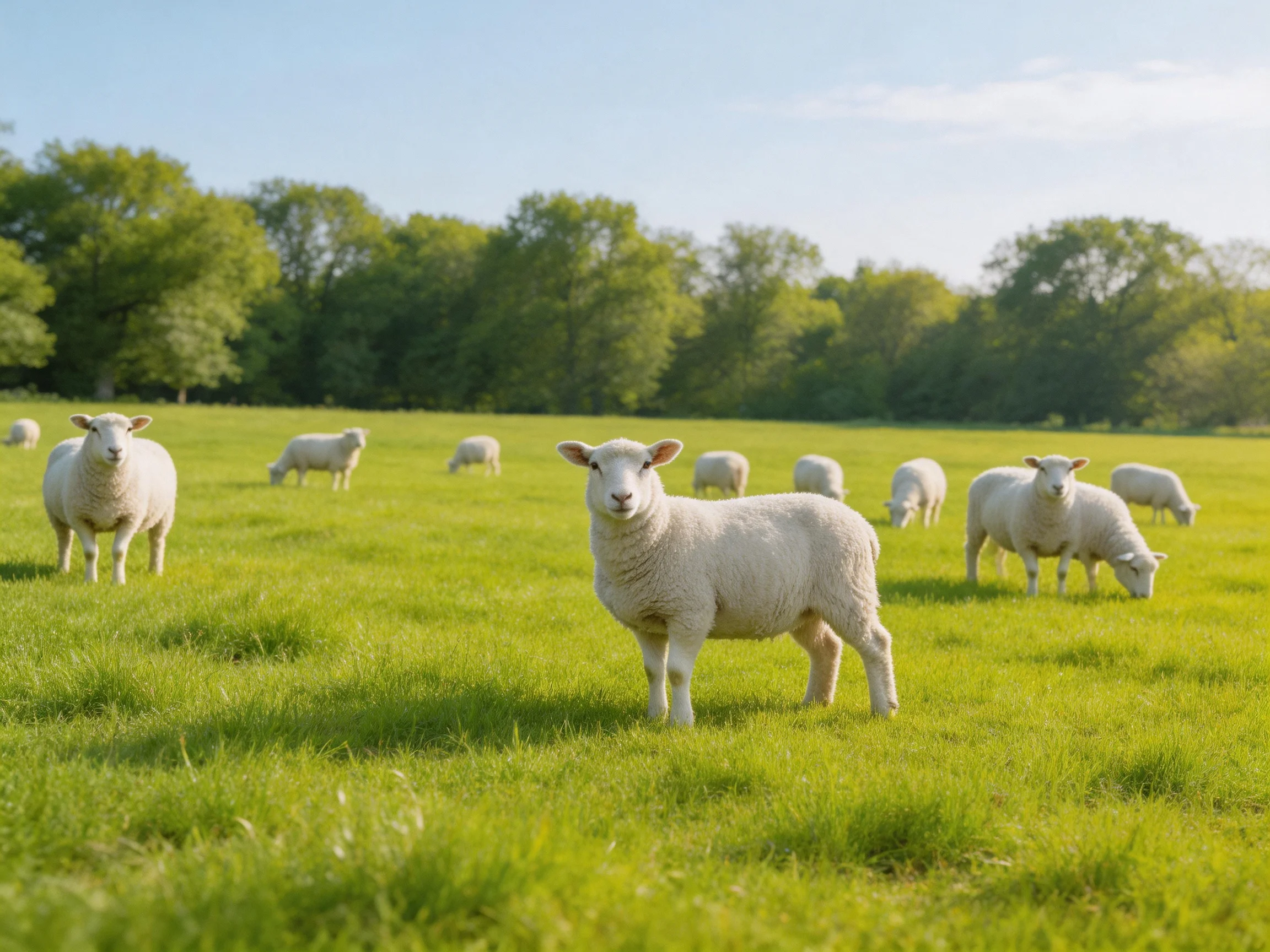 White lambs grazing in a lush green pasture with trees