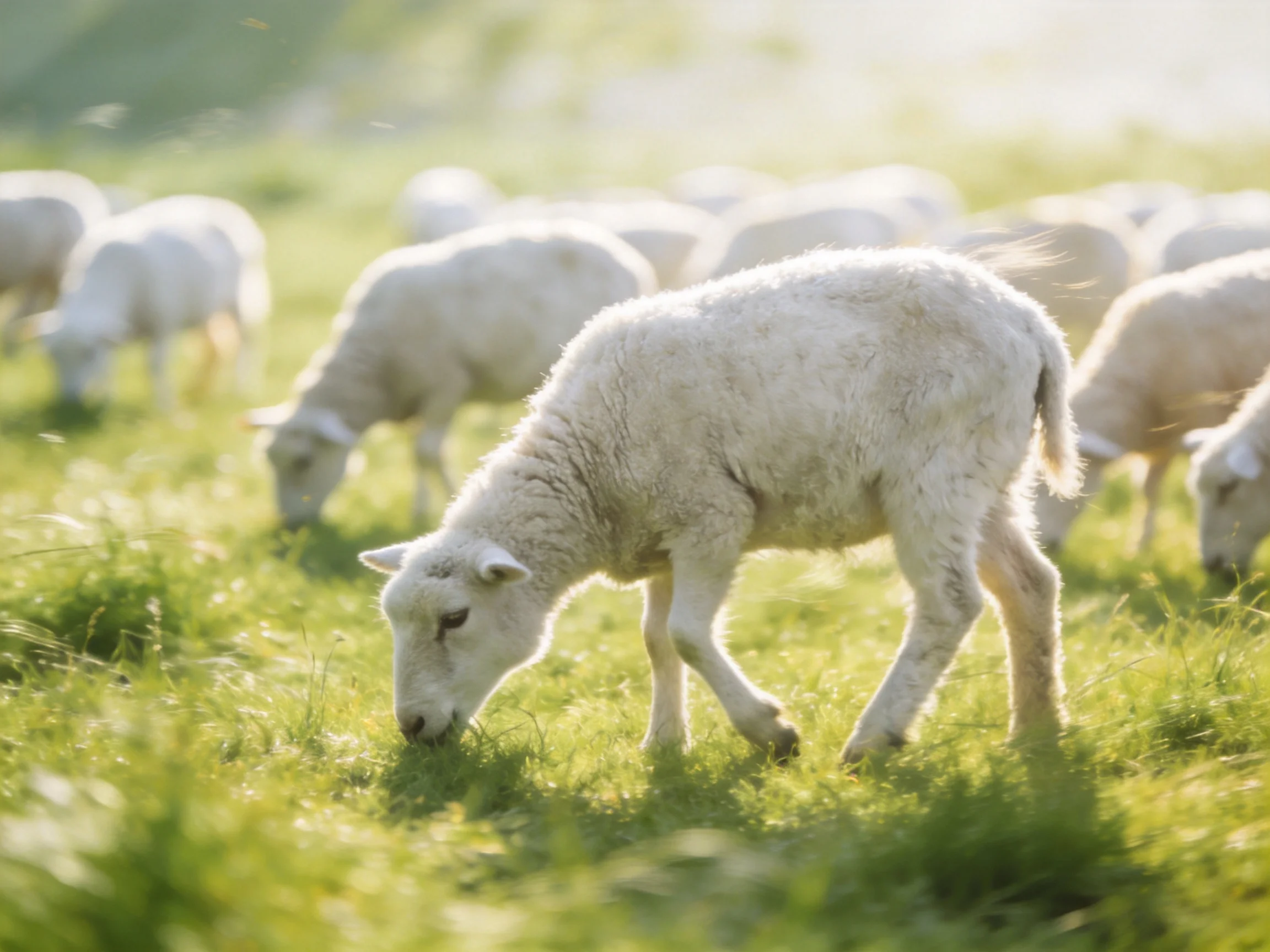 White lambs graze in a sunlit green pasture.