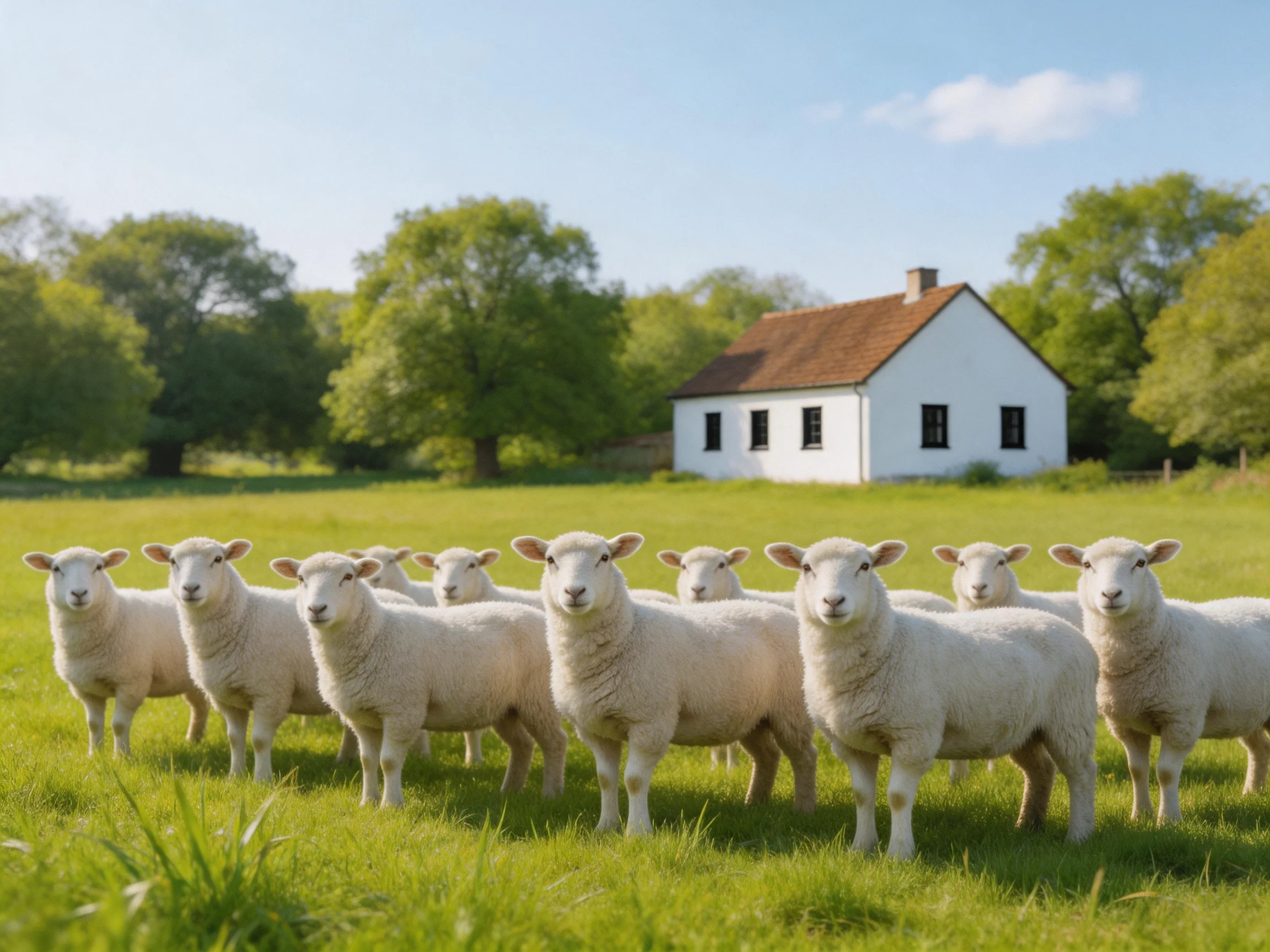 White lambs in a sunny green pasture near a white farmhouse