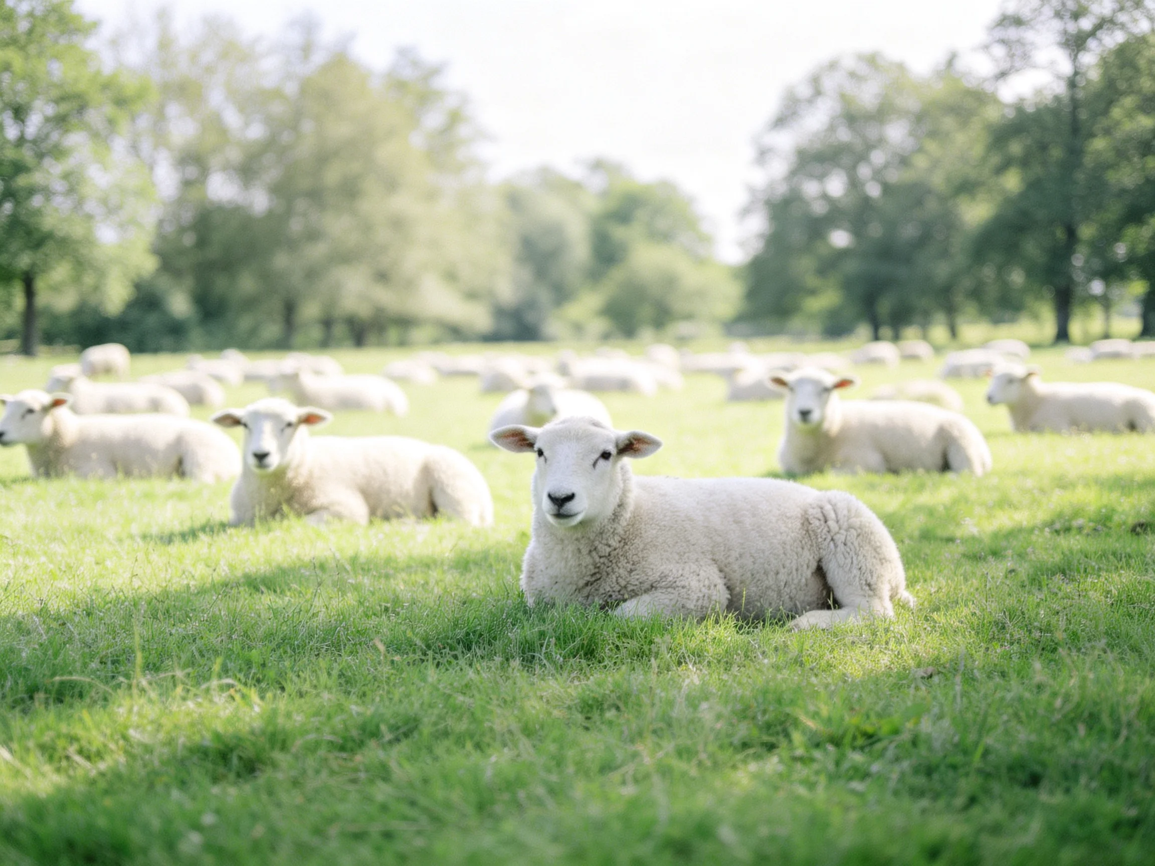 White lambs resting in a sunlit green pasture near trees