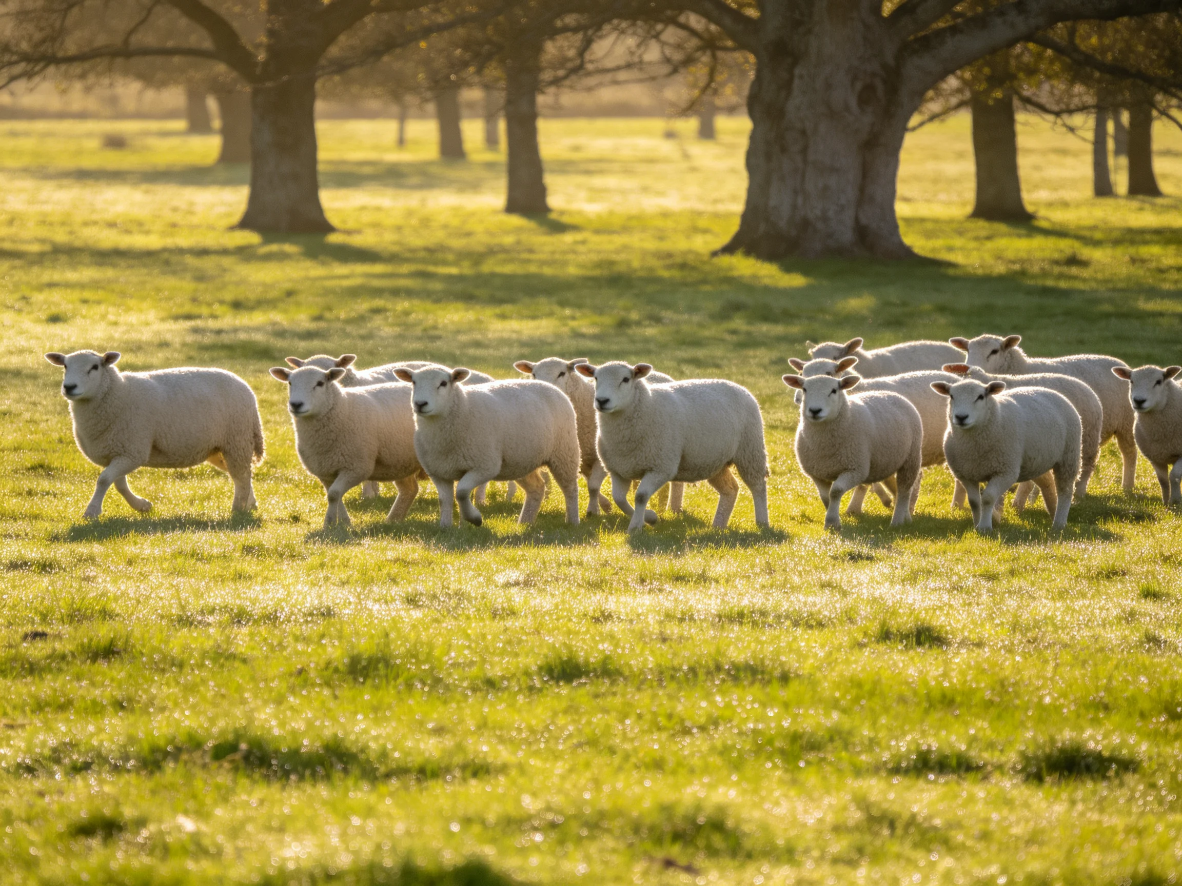 White lambs running through sunlit grassy field near large trees
