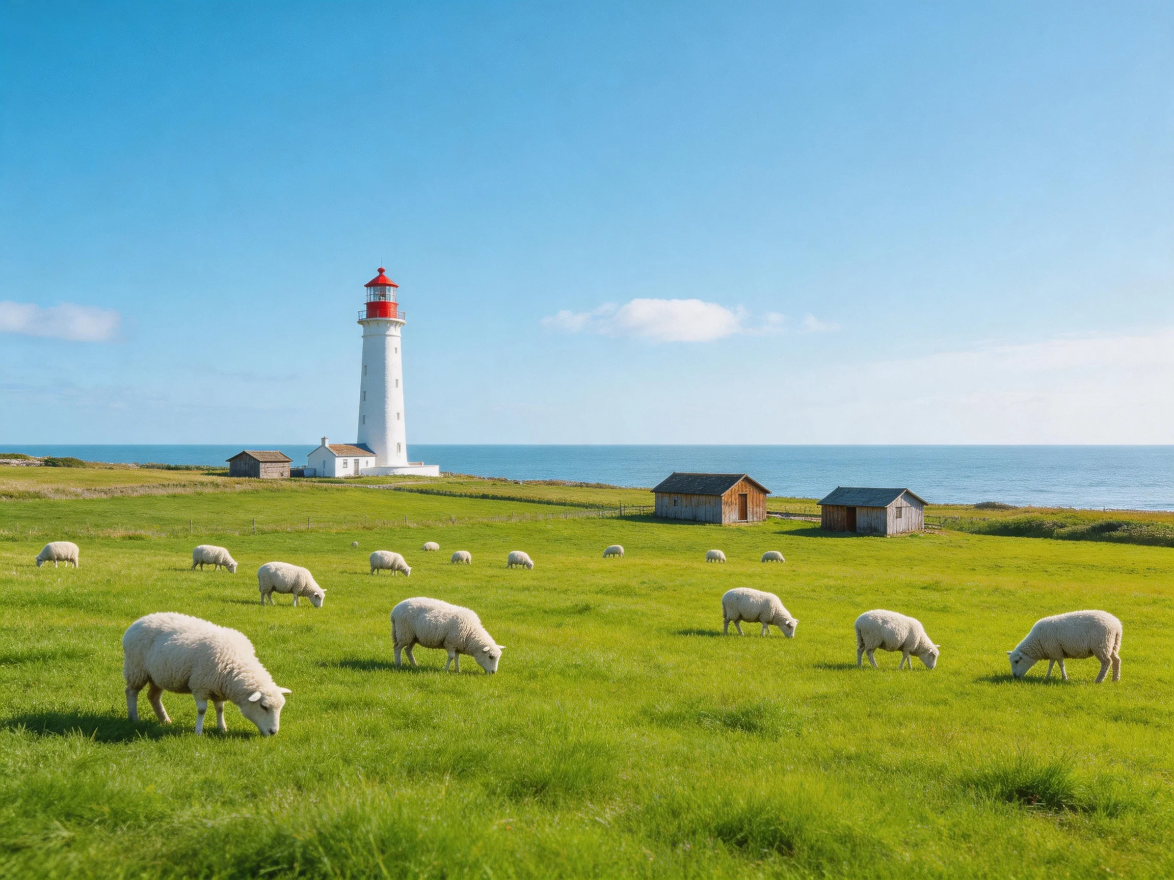 White lighthouse with red top, green pasture, fourteen sheep grazing