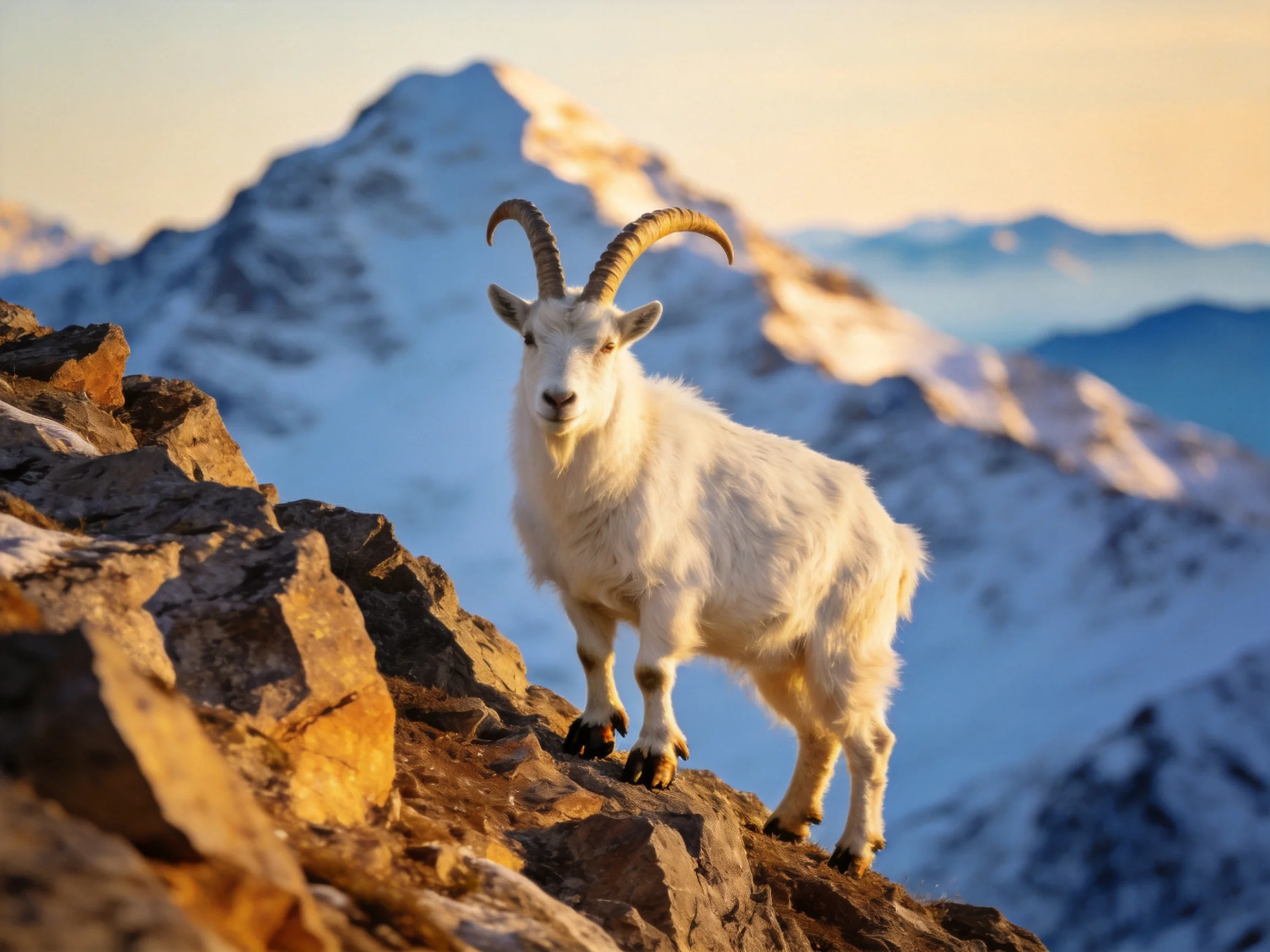 White mountain goat on rocky slope with snow - capped mountains