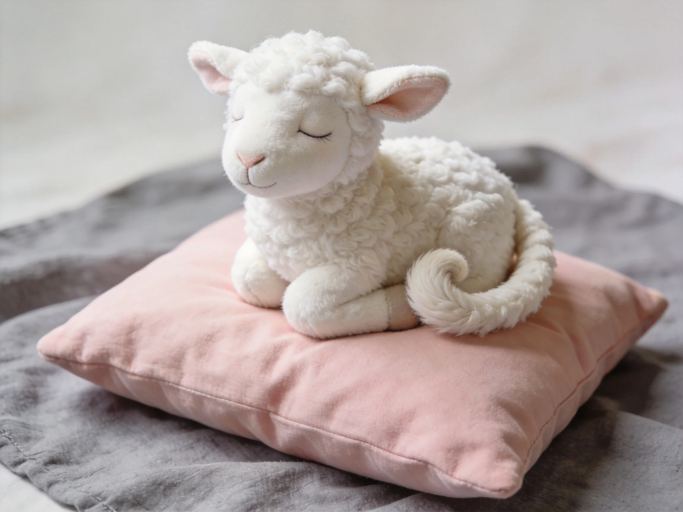 White plush lamb resting on pink cushion atop gray fabric