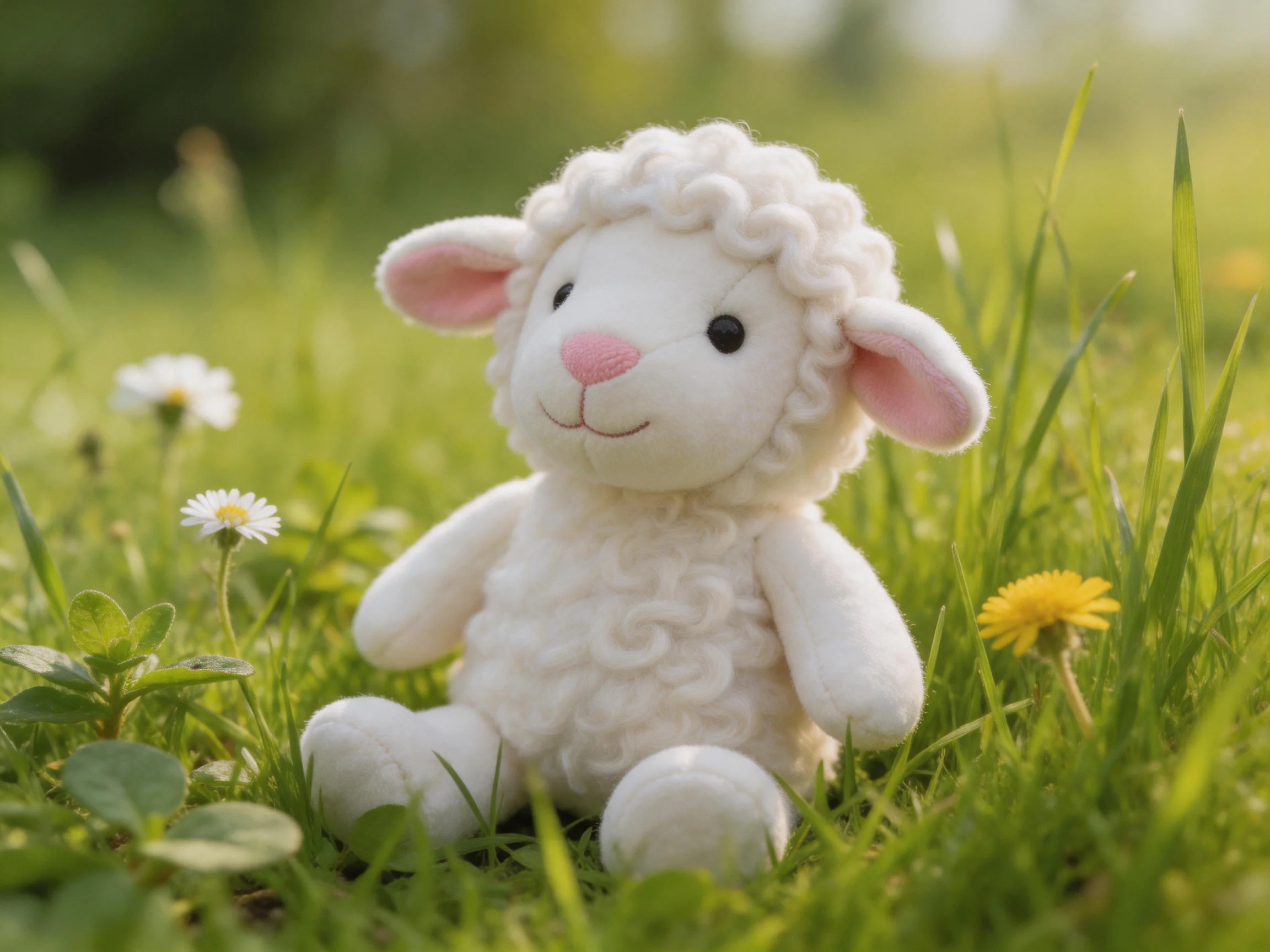 White plush sheep toy surrounded by green grass and daisies
