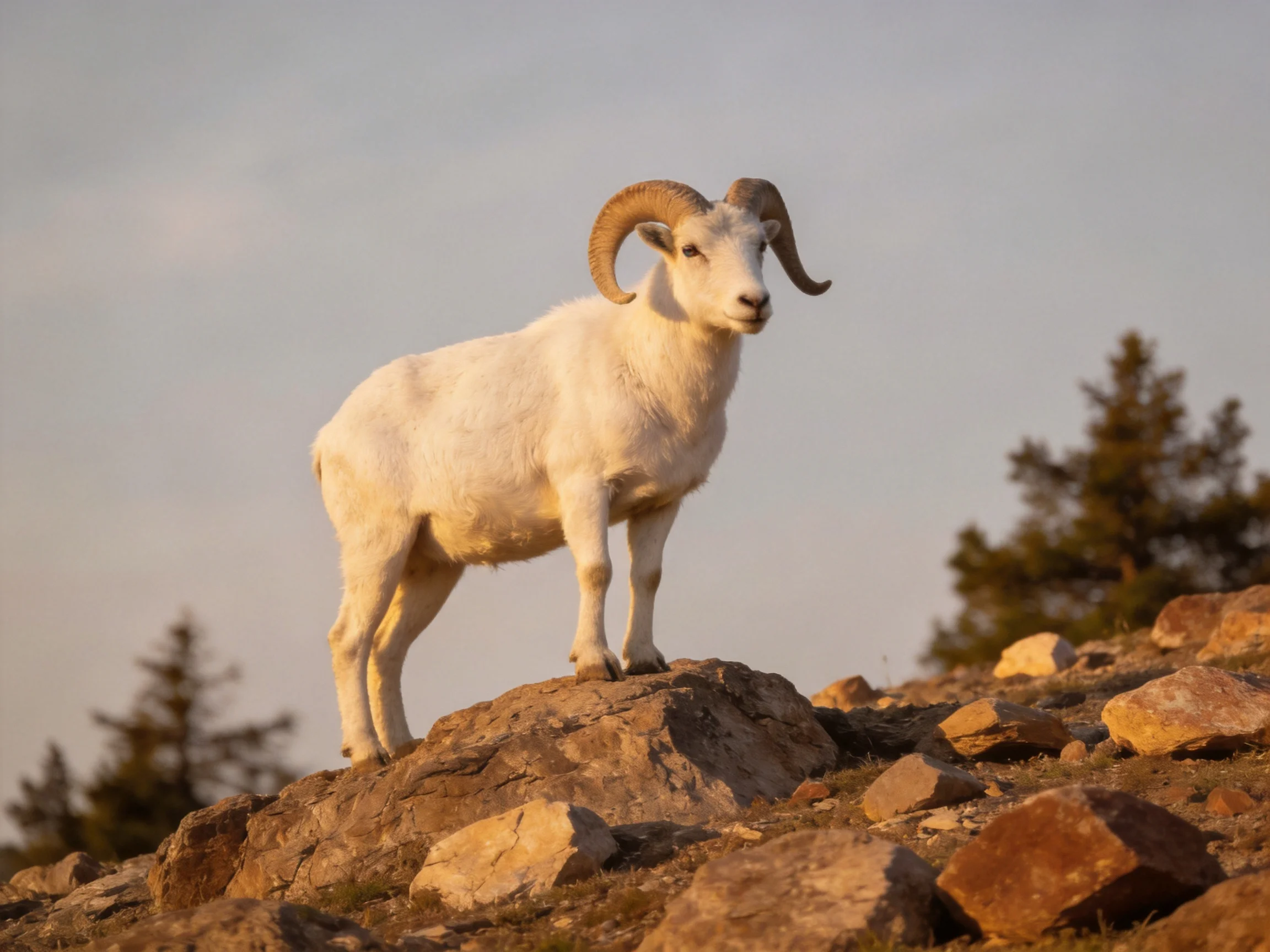 White ram with curved horns on rocky hillside near trees