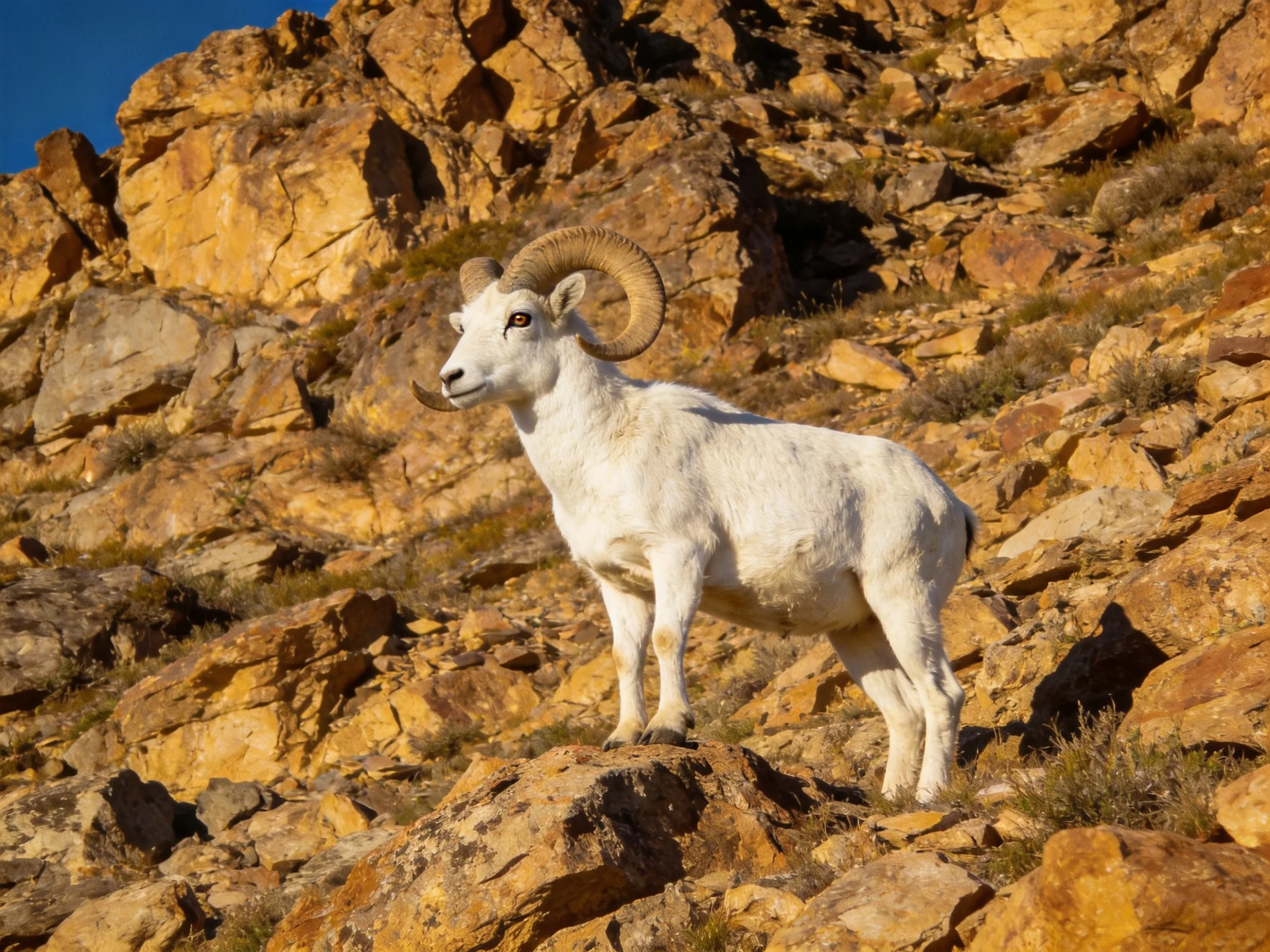 White ram with curved horns on rocky hillside