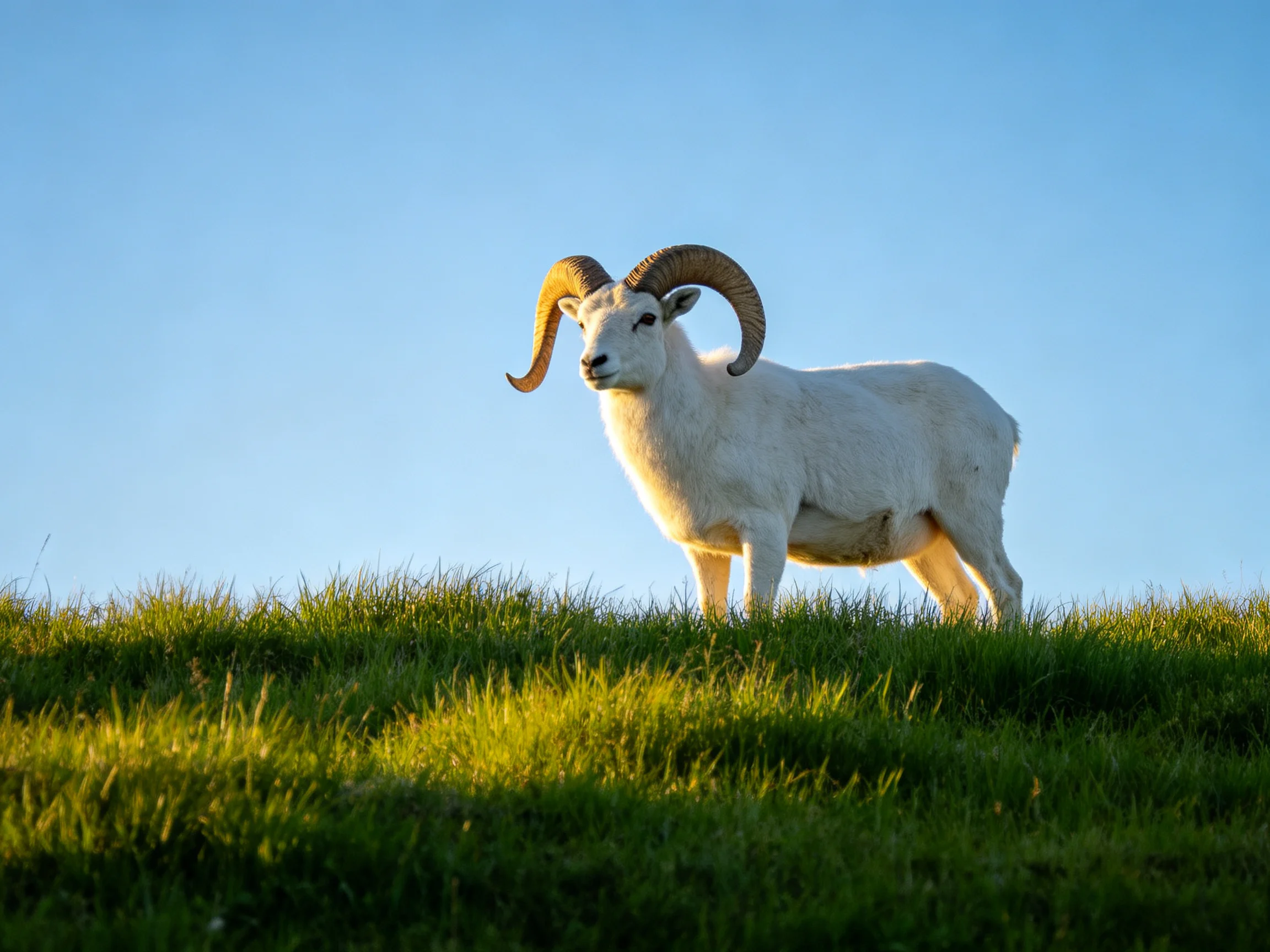 White ram with large curved horns on lush green hill