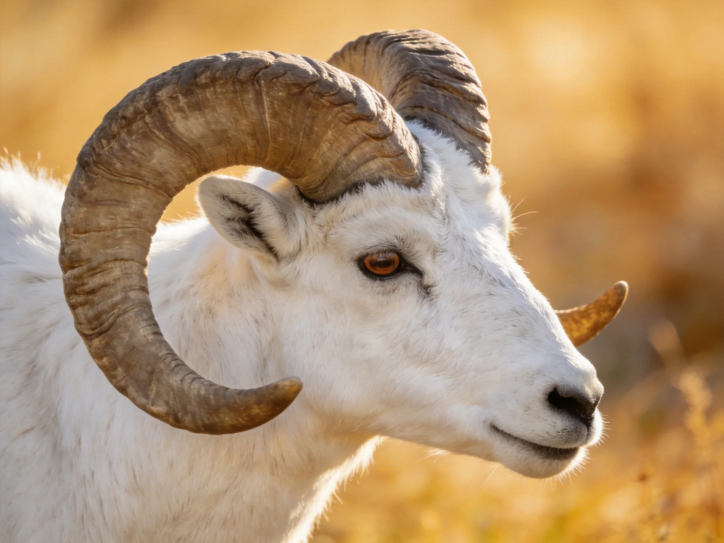 White ram with massive curved brown horns in golden landscape