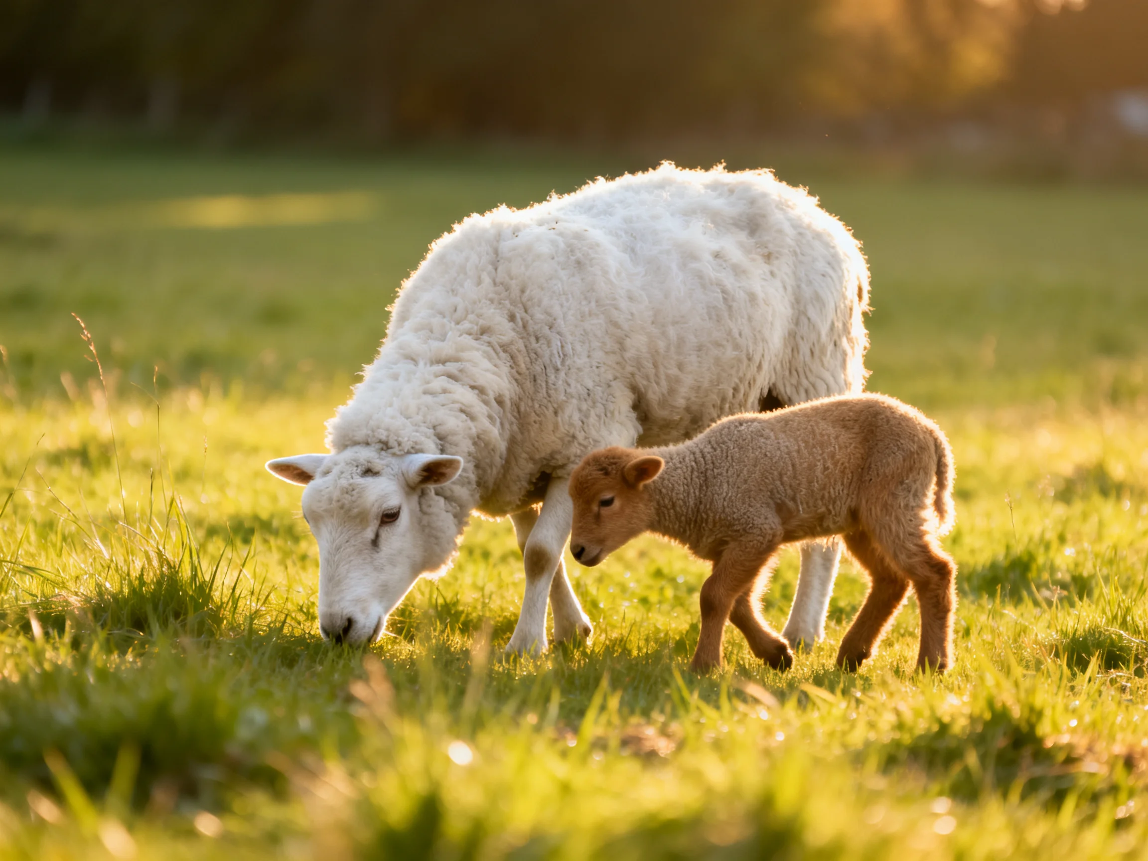 An adult white sheep and young brown lamb graze together in a sunlit field.