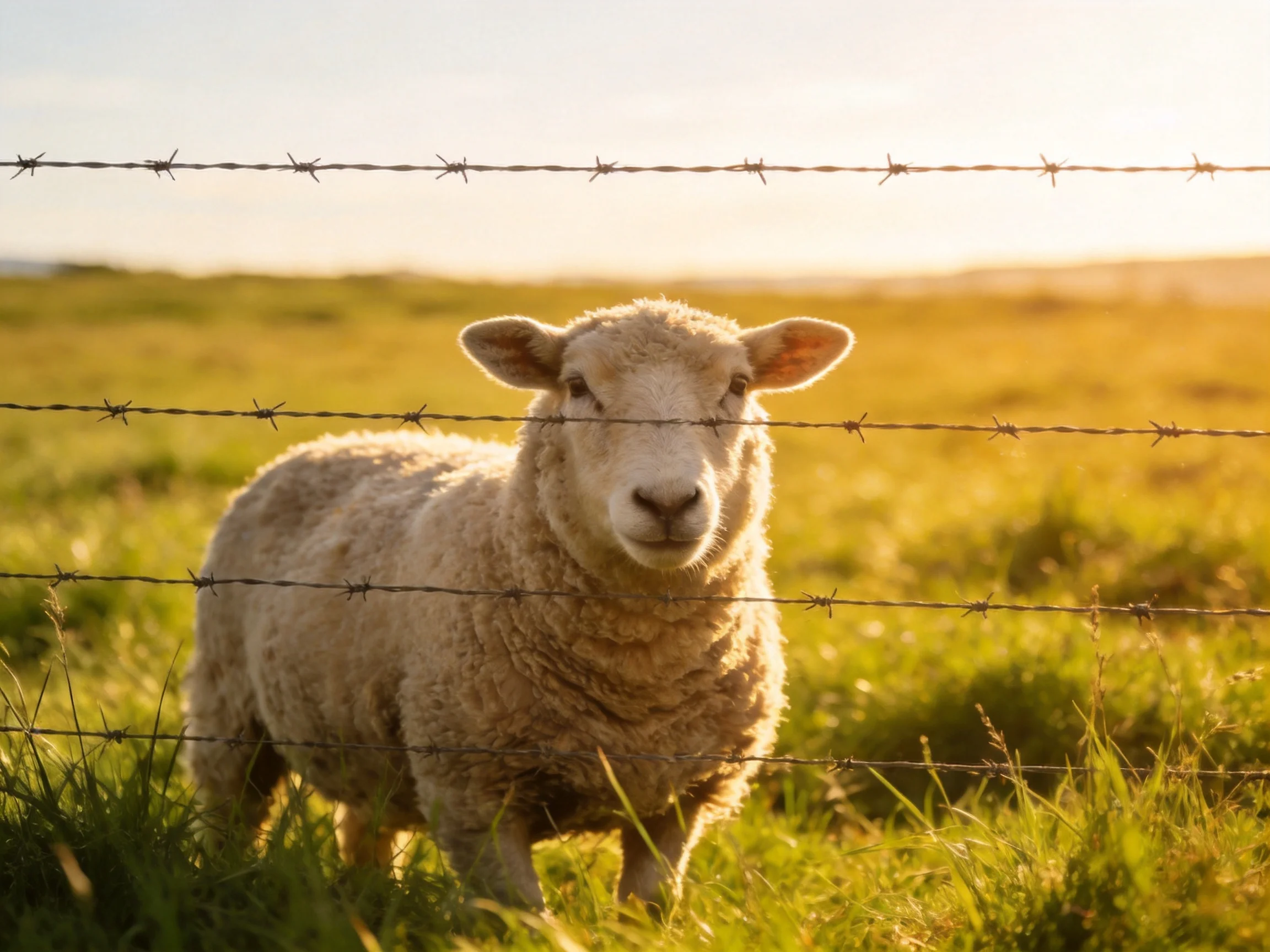 White sheep behind barbed wire in golden-lit green field