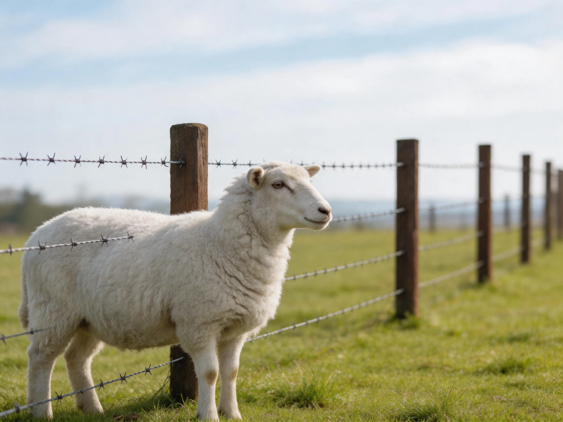 White sheep by barbed wire fence in grassy pasture