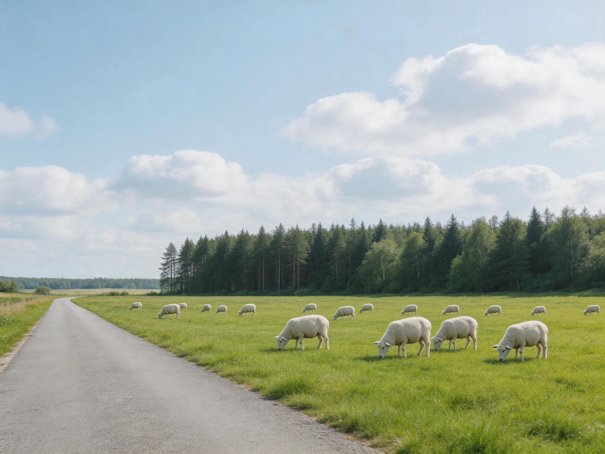 White sheep graze by a paved road in lush green meadow