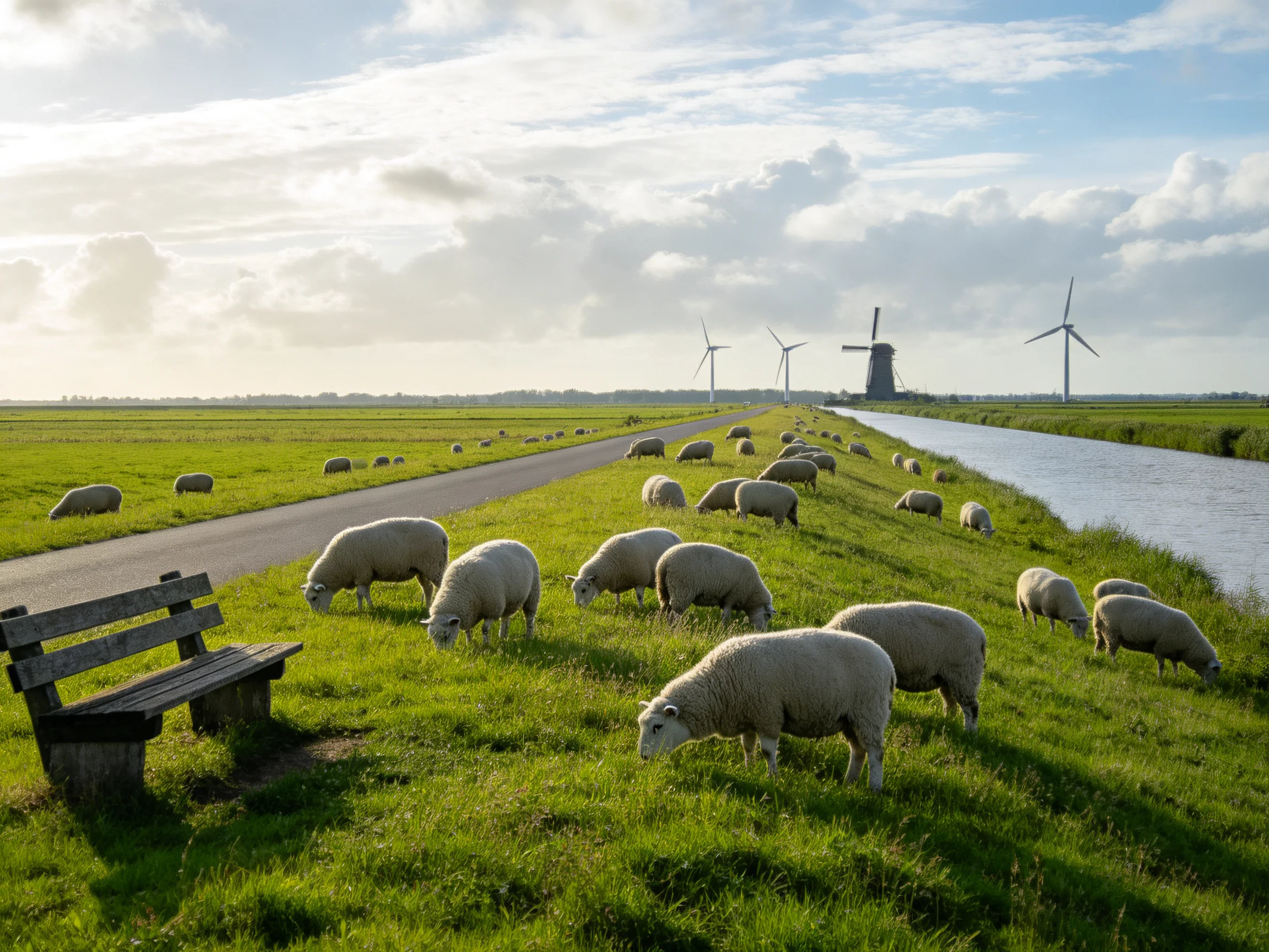 White sheep graze by winding path with windmills and bench