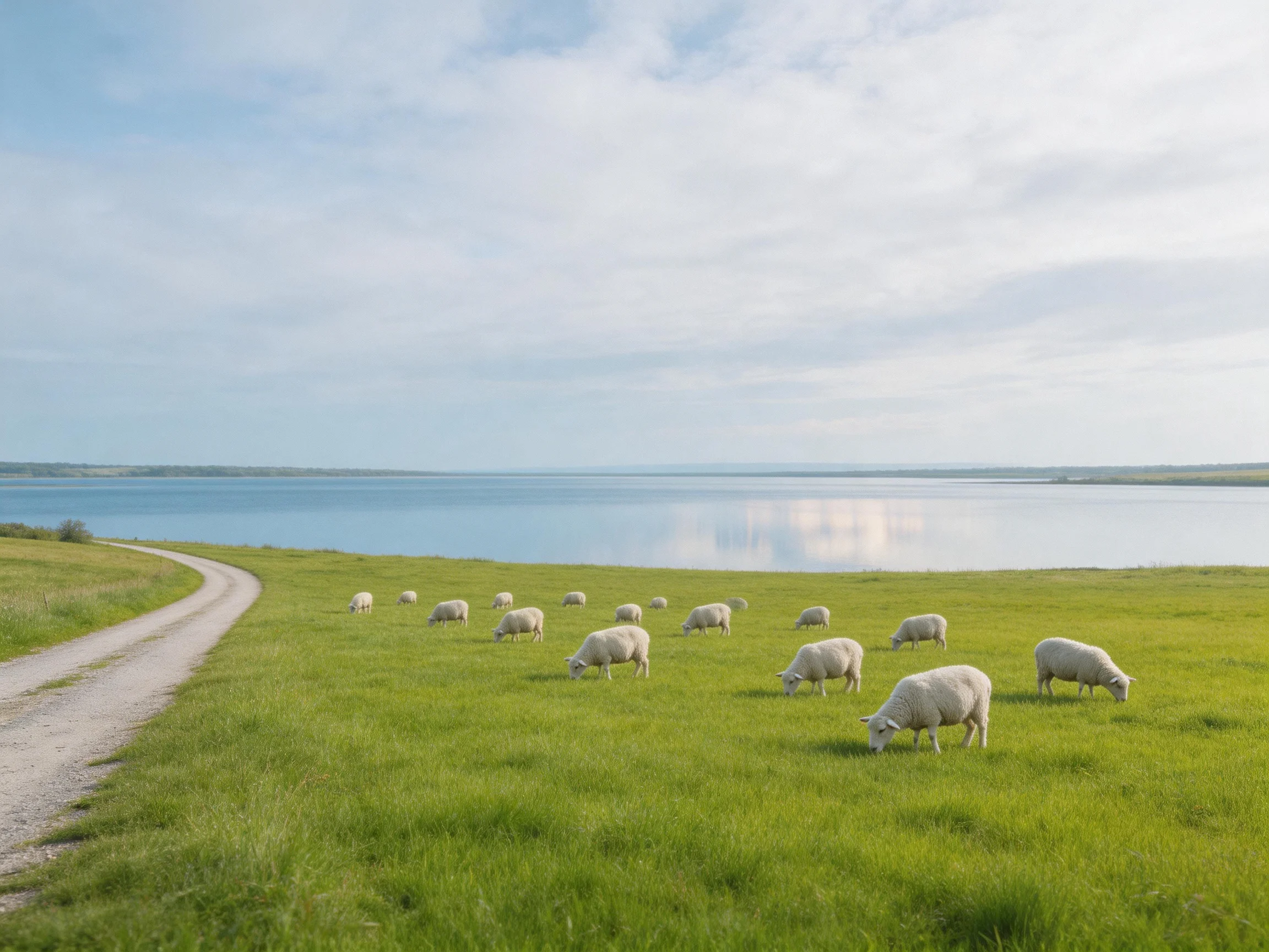 White sheep graze in a green meadow by a calm lake