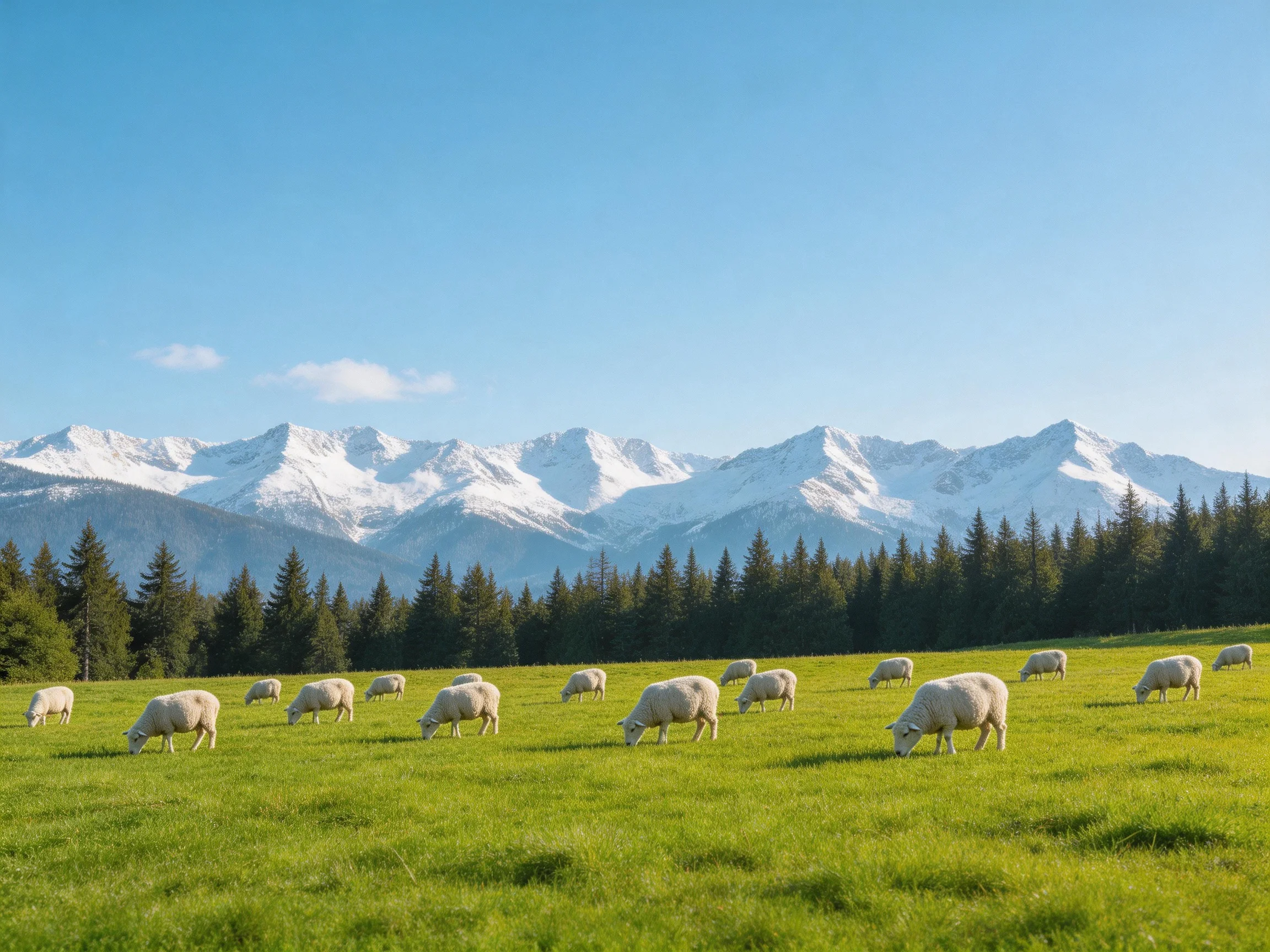 White sheep graze in a green meadow near snow - capped mountains