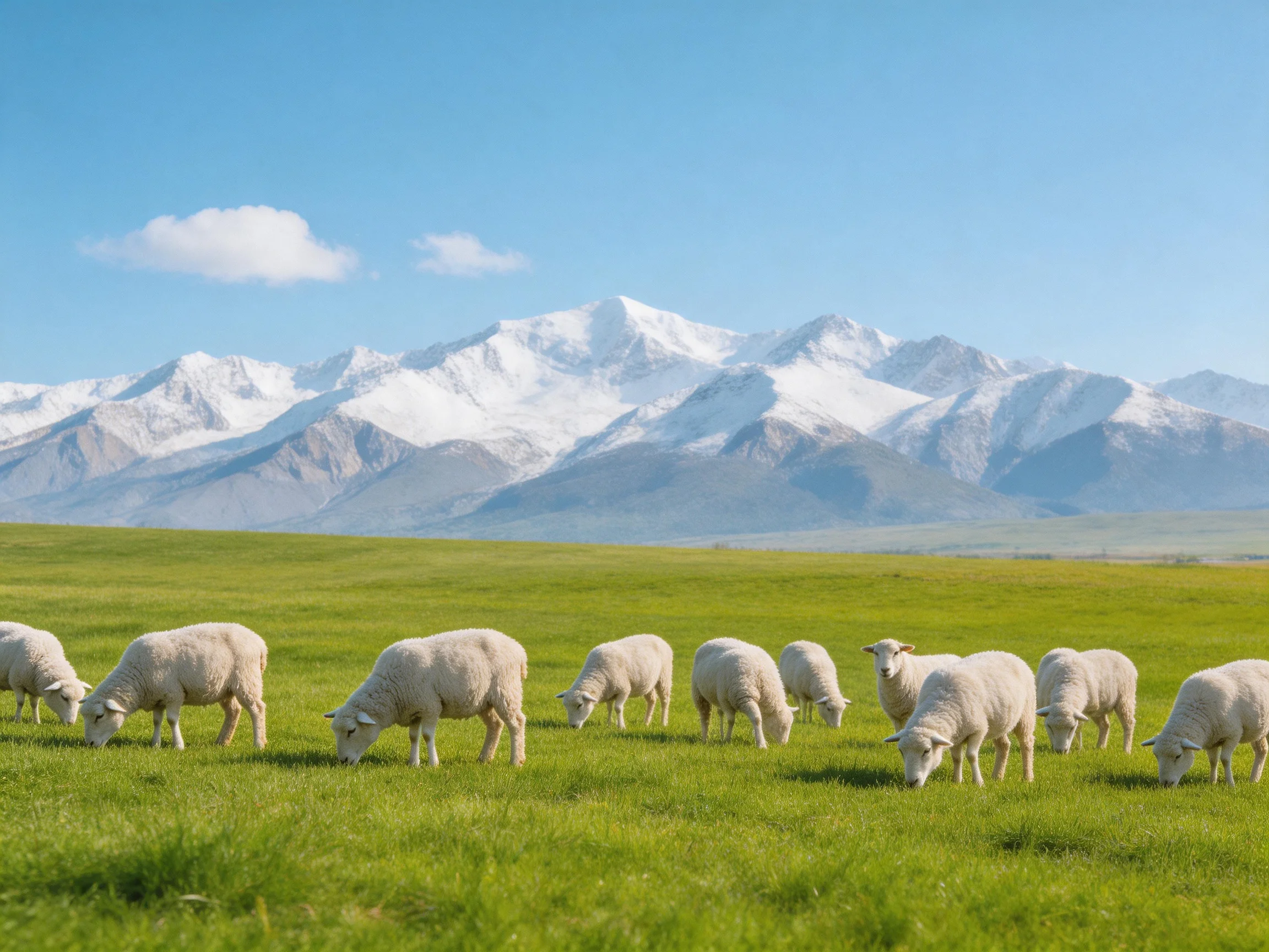 White sheep graze in a green meadow near snow-capped mountains