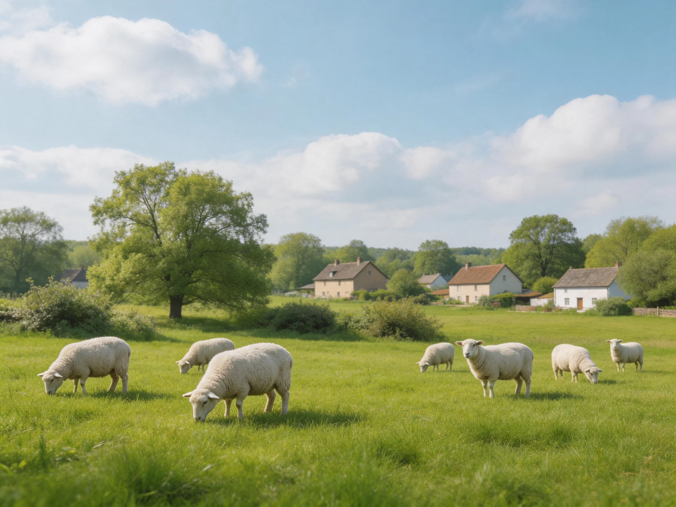 White sheep graze in a green pasture near farmhouses