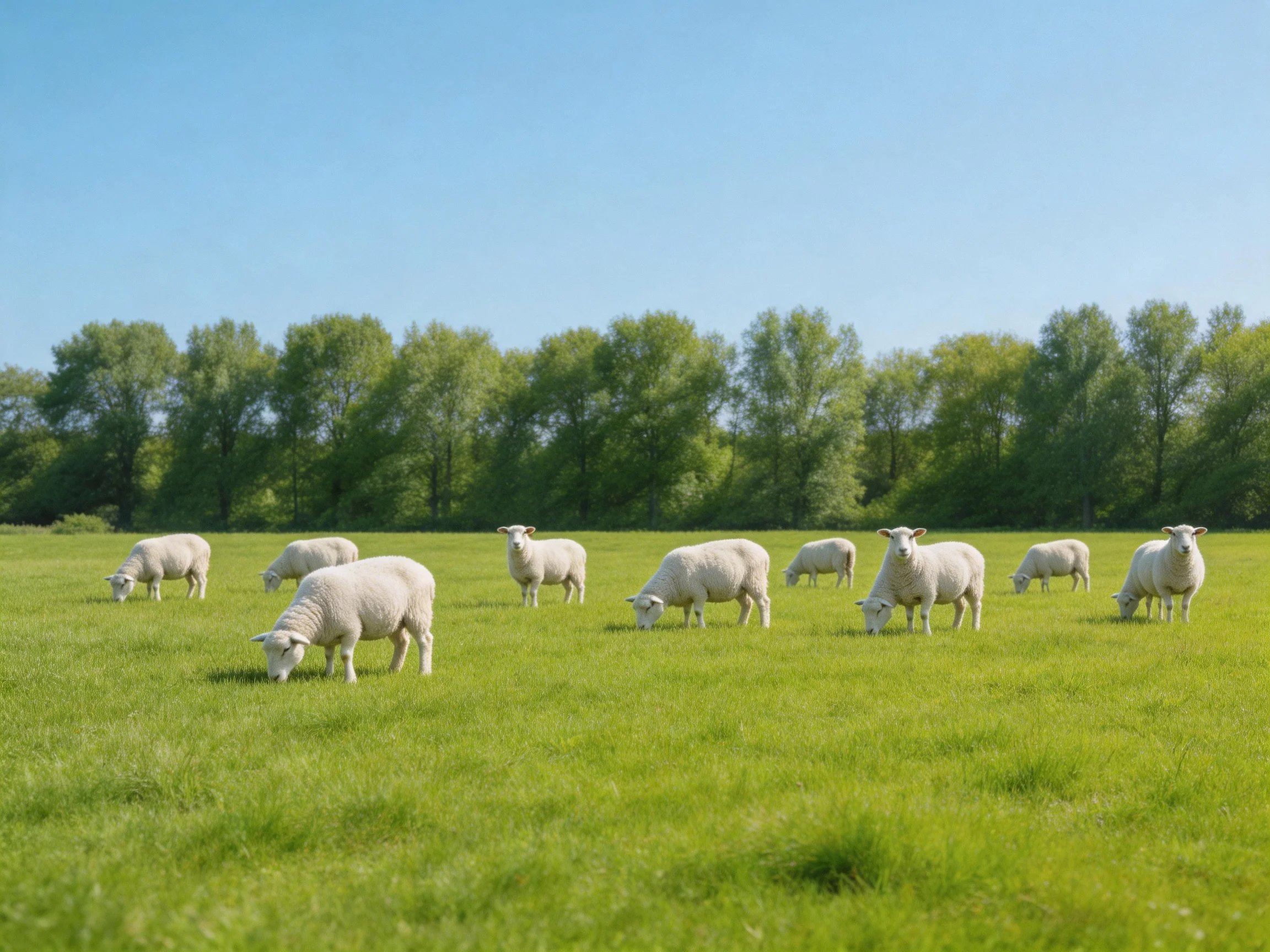 White sheep graze in a lush green meadow near tall trees