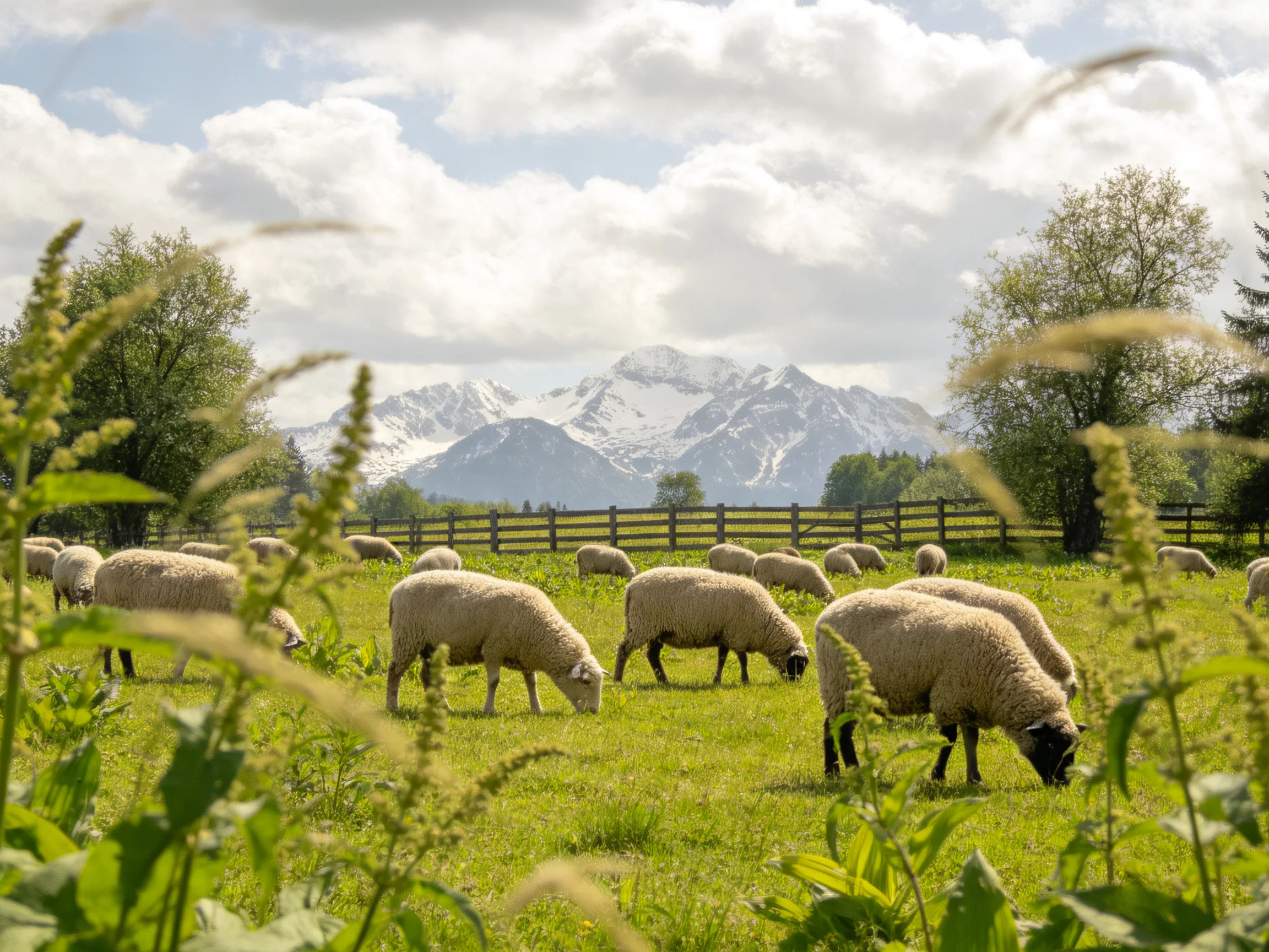 White sheep graze in a lush green meadow with snow-capped mountains