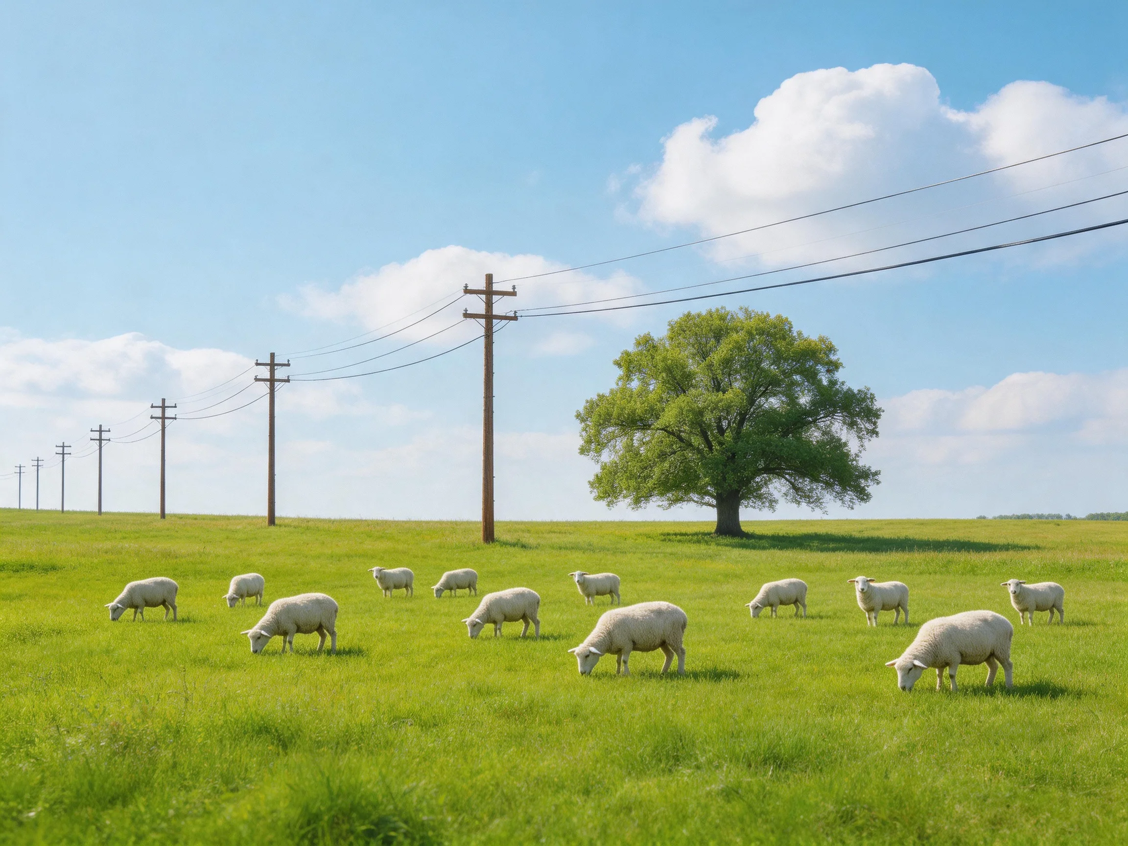 White sheep graze in a green meadow with telephone poles and a large tree under a bright sky