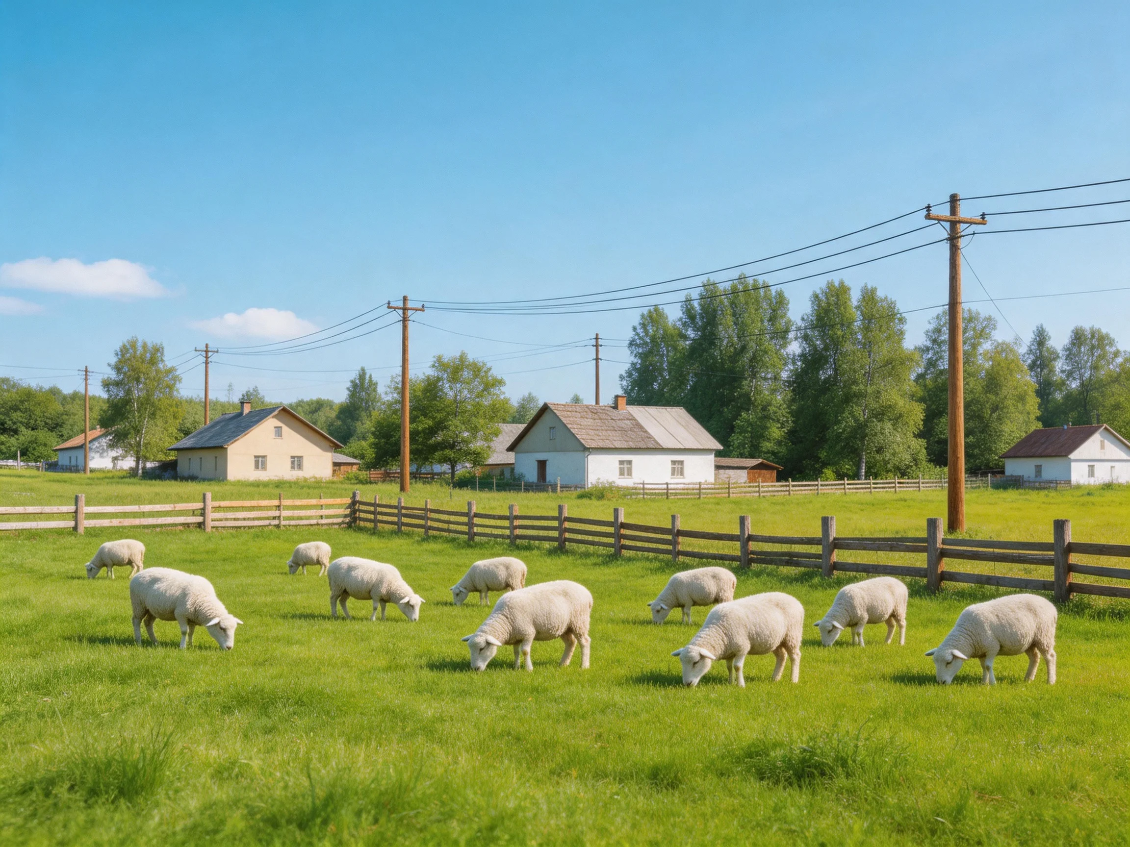 Sheep graze in a sunny pasture near rural farmhouses.