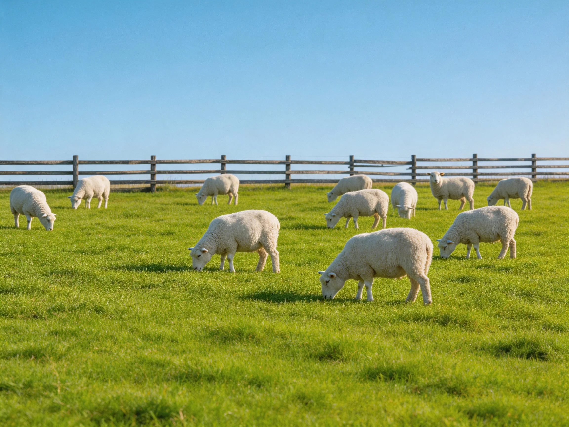 Sheep graze in a green pasture bordered by wooden fencing beneath a clear blue sky.