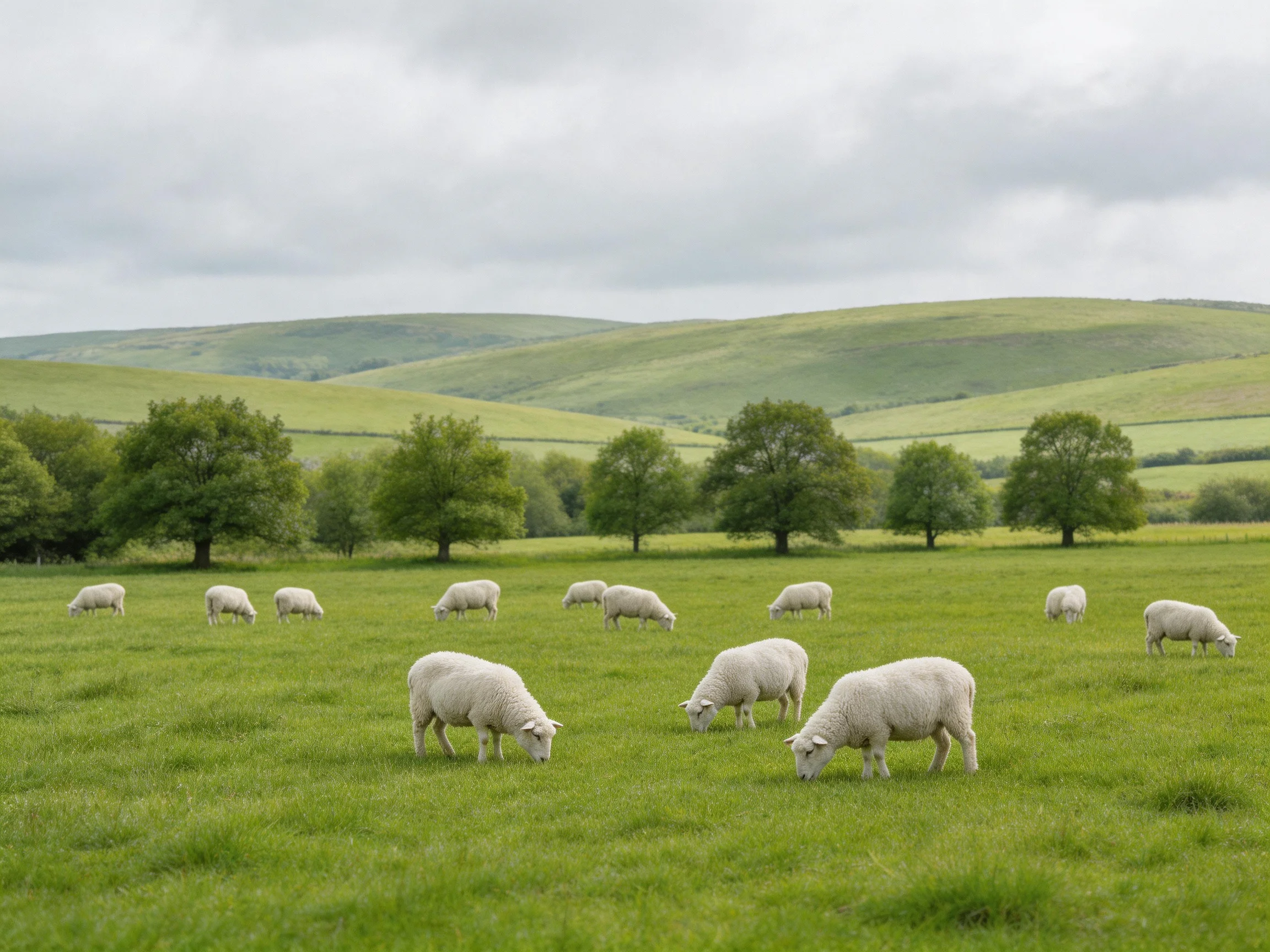 Sheep graze in a lush green pasture with distant rolling hills