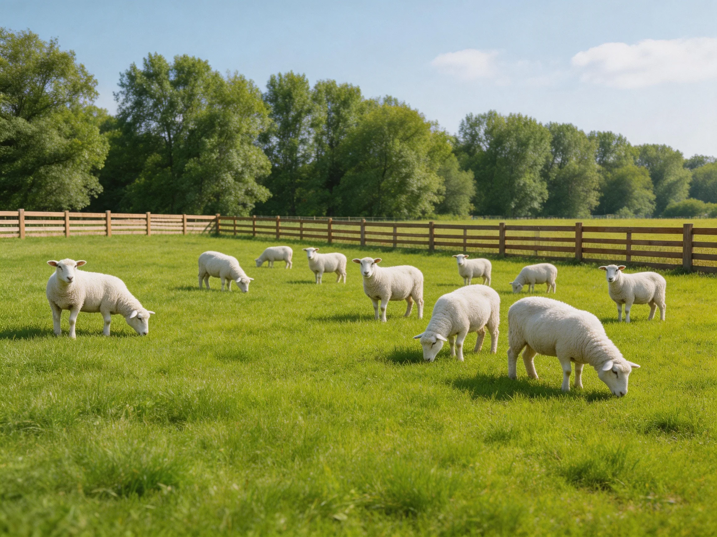 White sheep graze in a lush green pasture with wooden fences