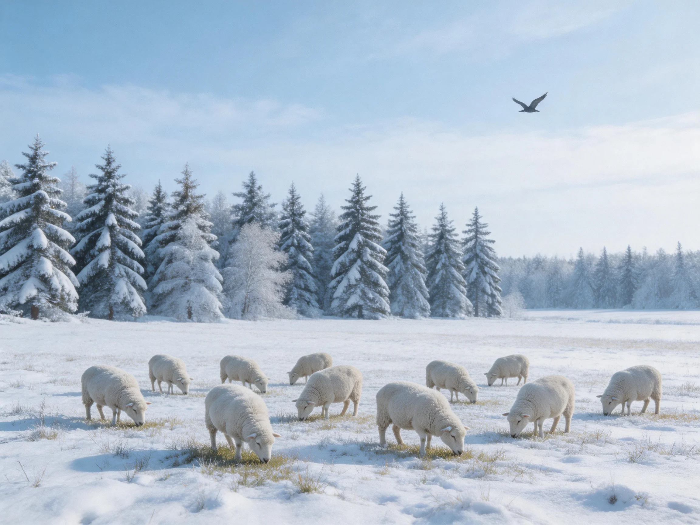 White sheep graze in a snowy field near frosty evergreen trees