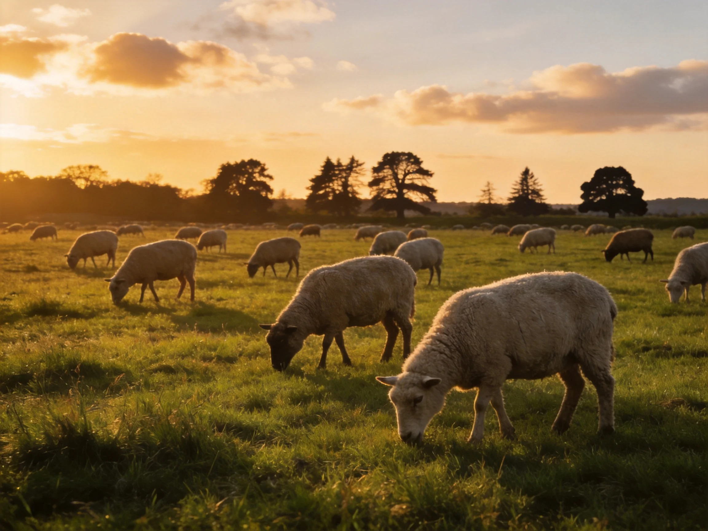 White sheep graze in a sun-kissed green pasture at dusk