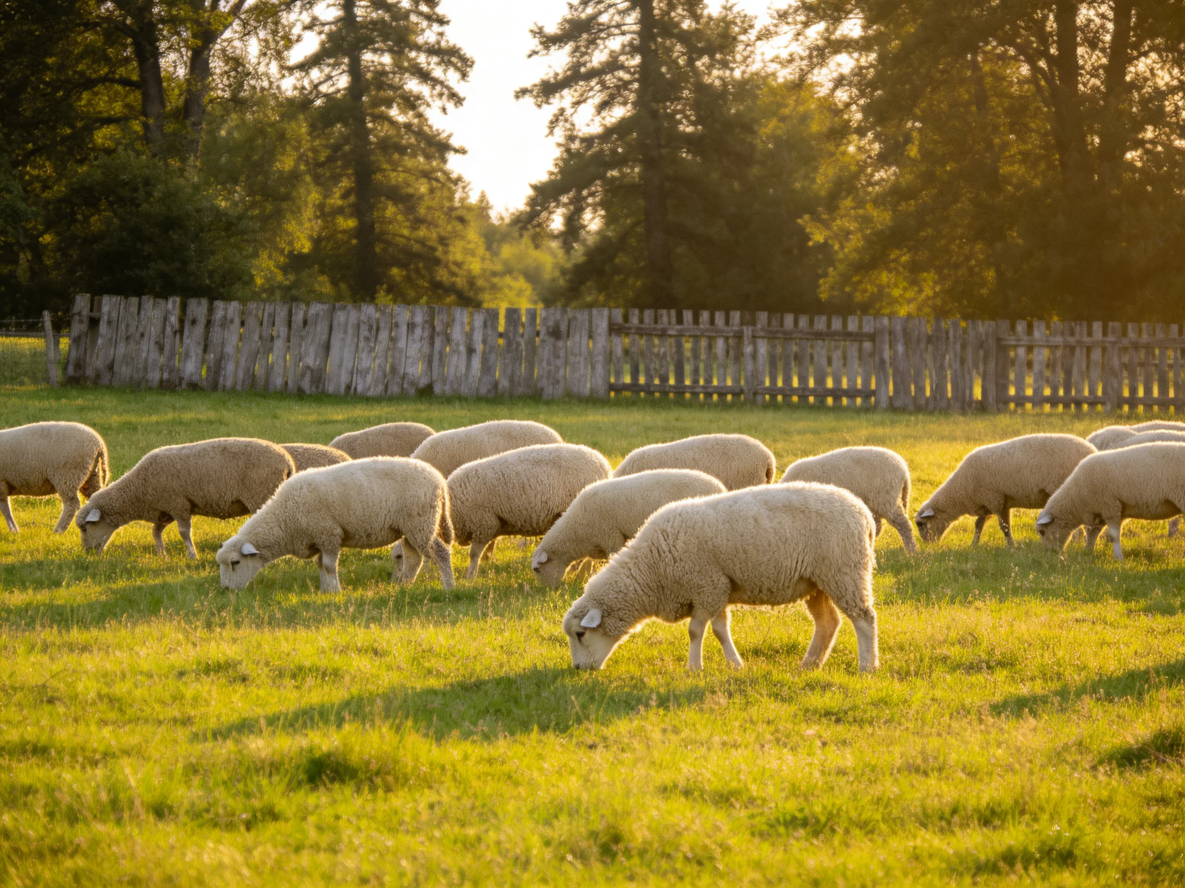 A group of white sheep peacefully graze in a sunlit pasture near a wooden fence
