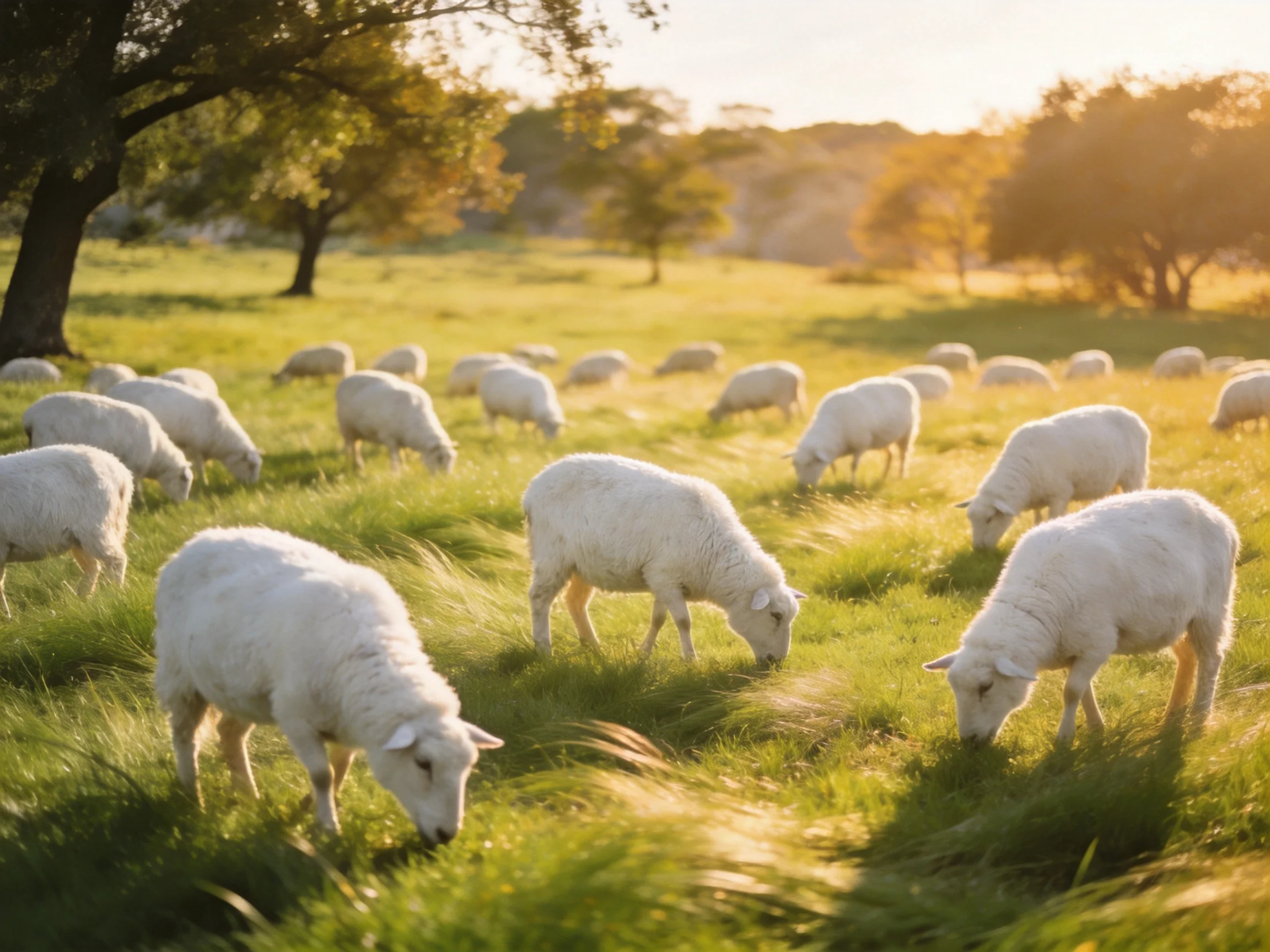 A flock of white sheep feeds in a sunlit green pasture surrounded by trees.