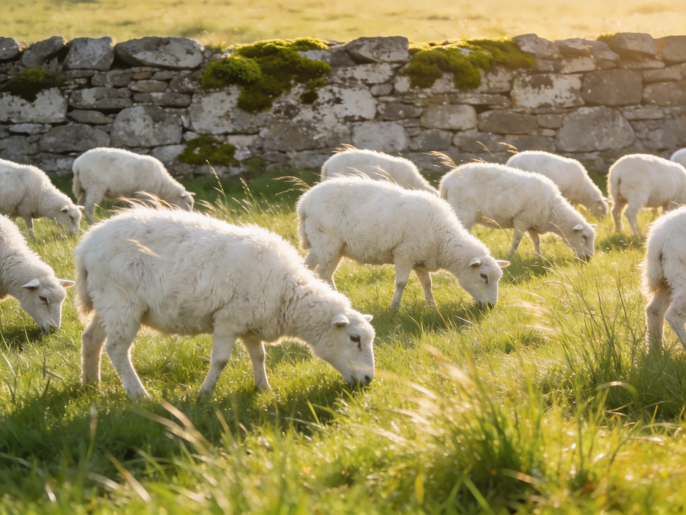 White sheep graze in a sunlit meadow with mossy stone walls