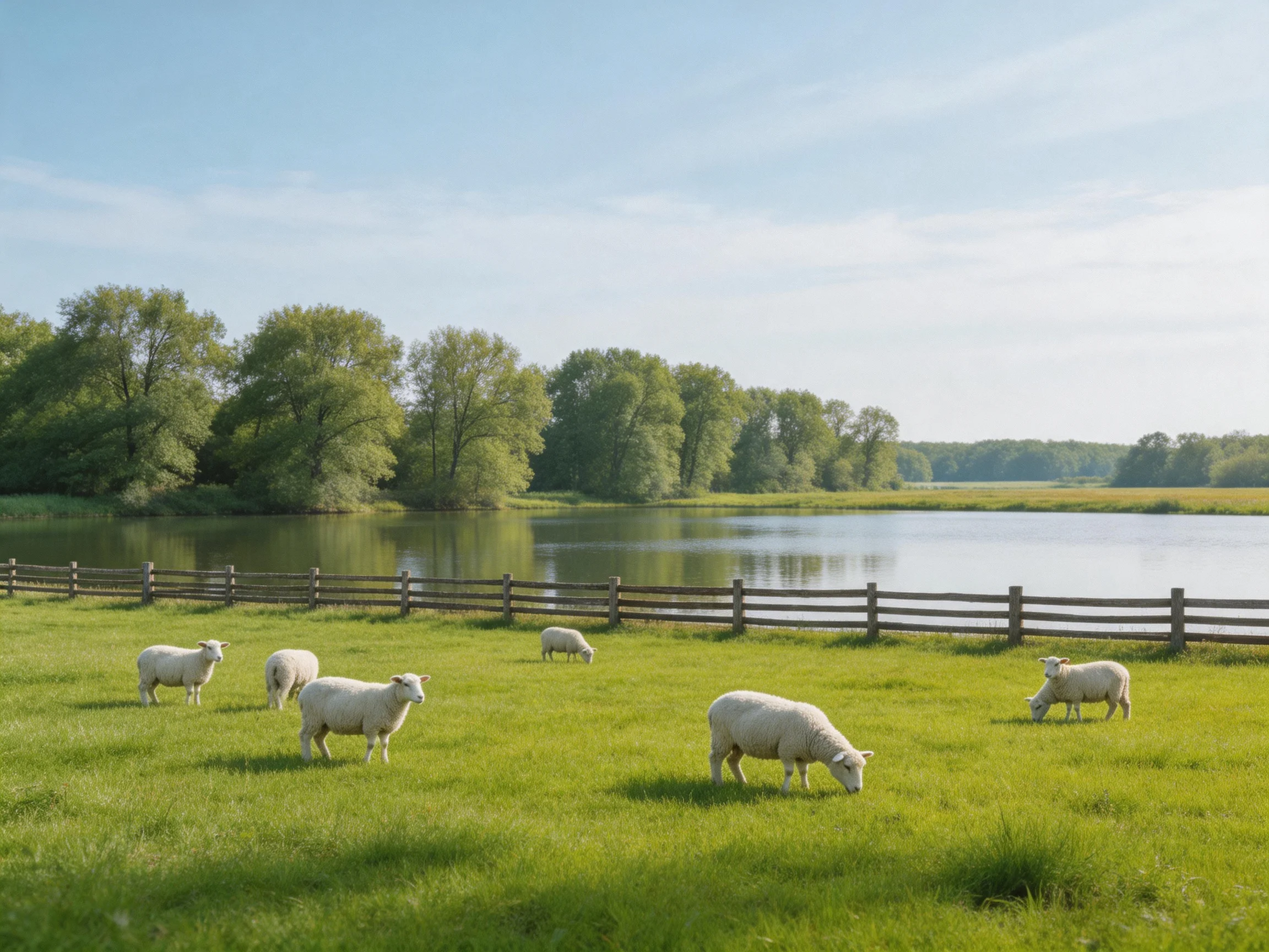White sheep graze in a vibrant green meadow near a serene river