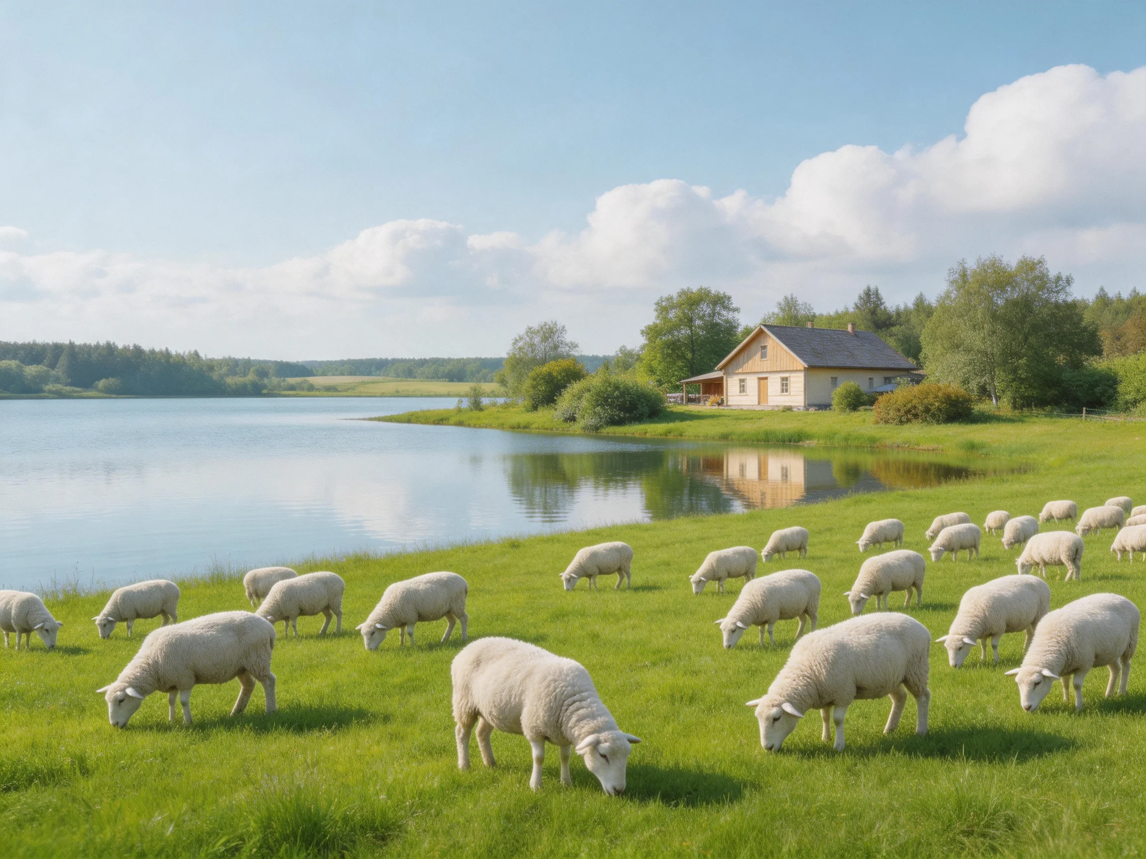 White sheep graze near a calm lake with a wooden house