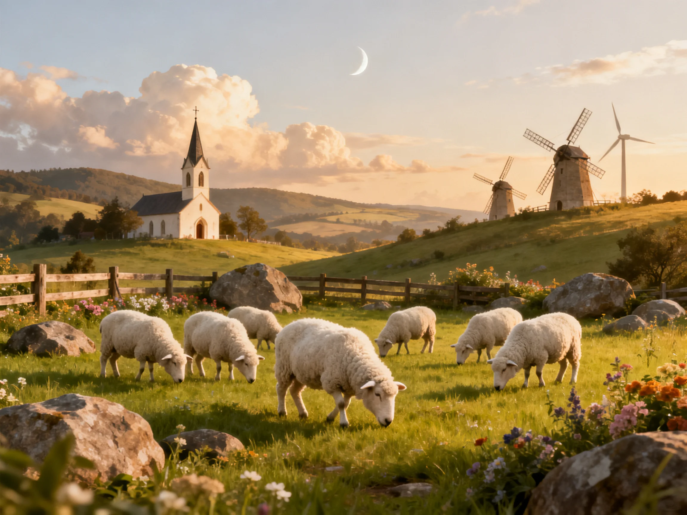 Fluffy white sheep graze in a pastoral scene with a church, windmills, and rolling hills.