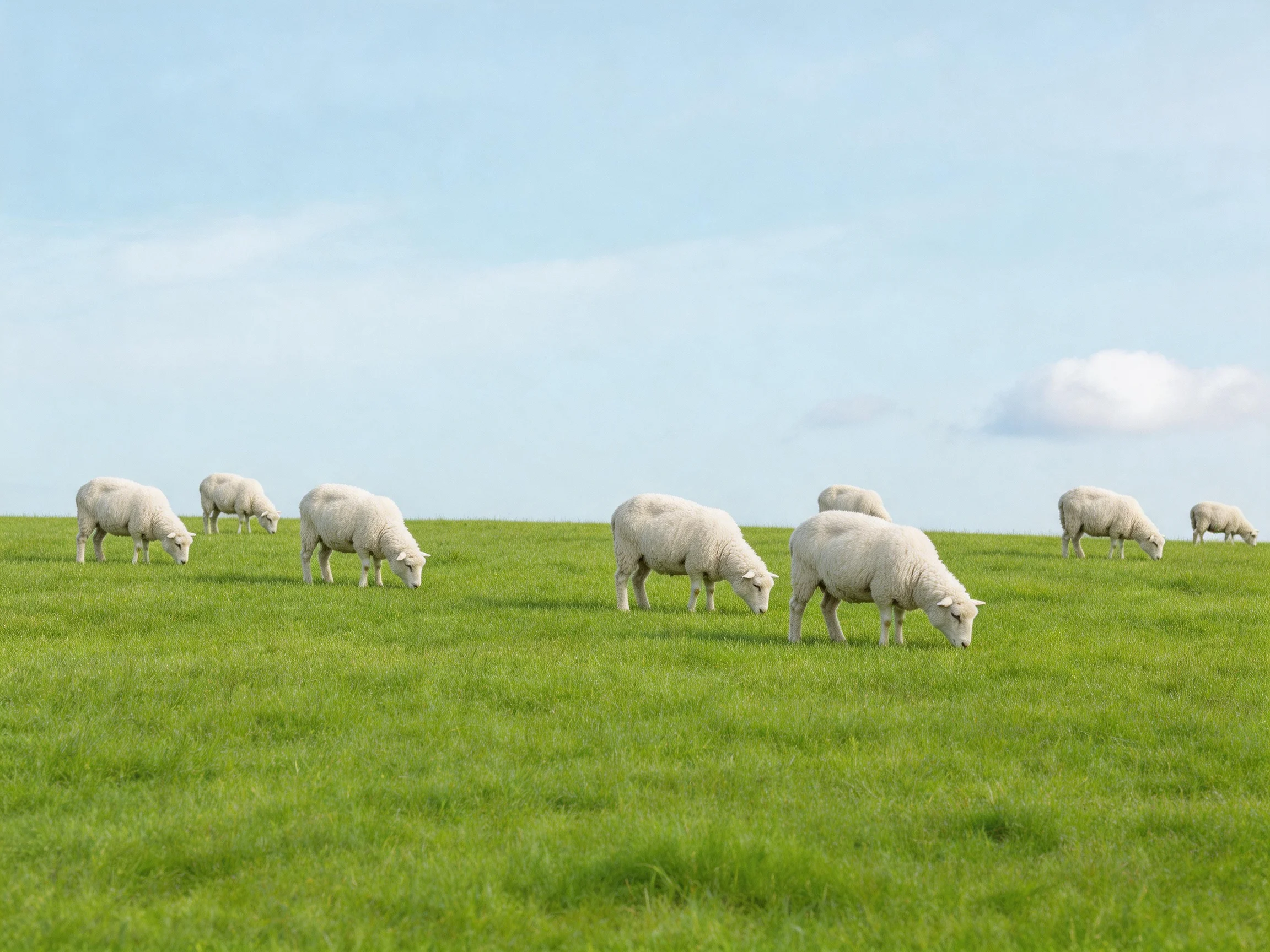 Sheep graze on a green hillside with a clear sky