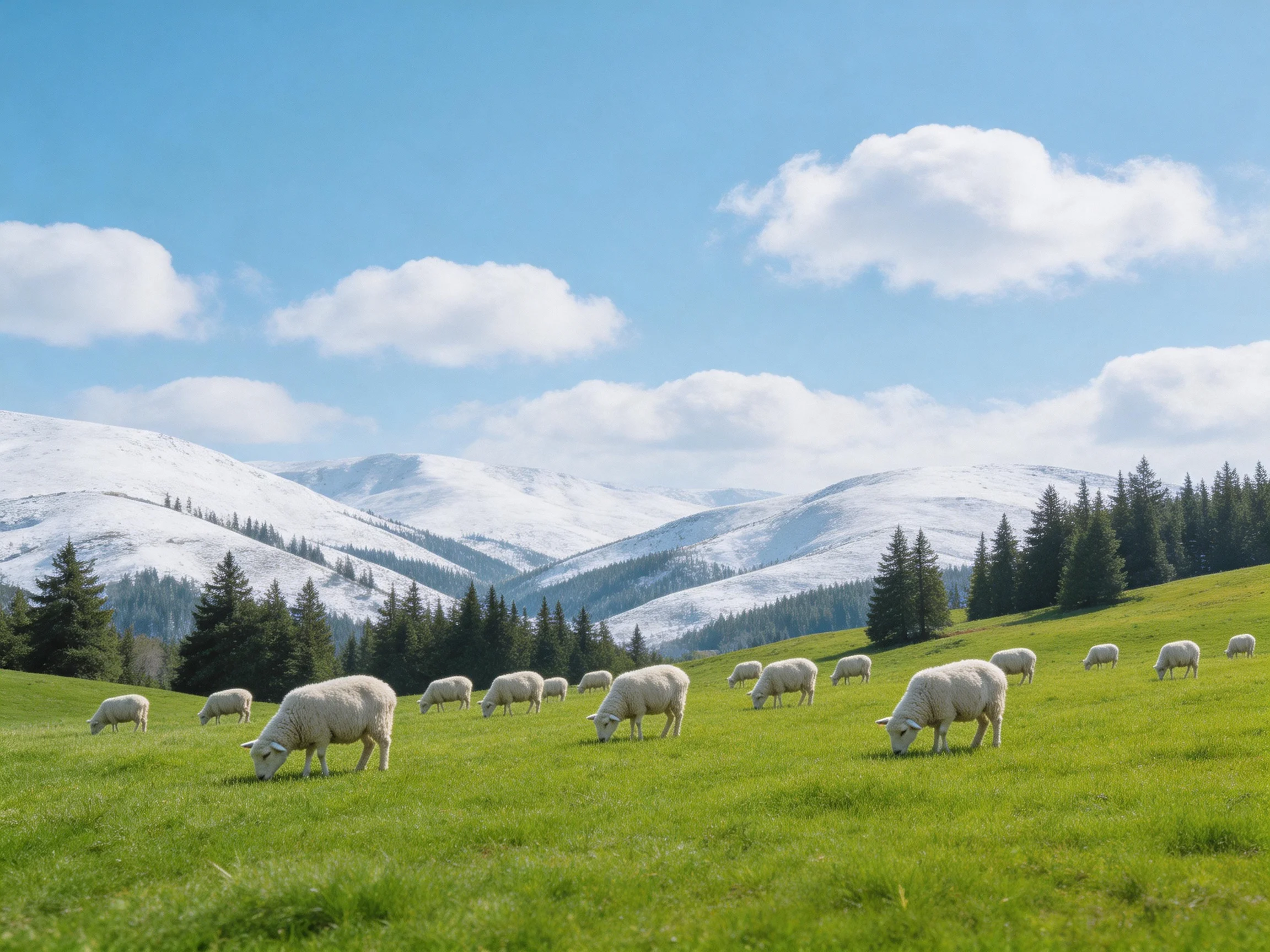 White sheep graze on a verdant meadow beside snow-capped mountains