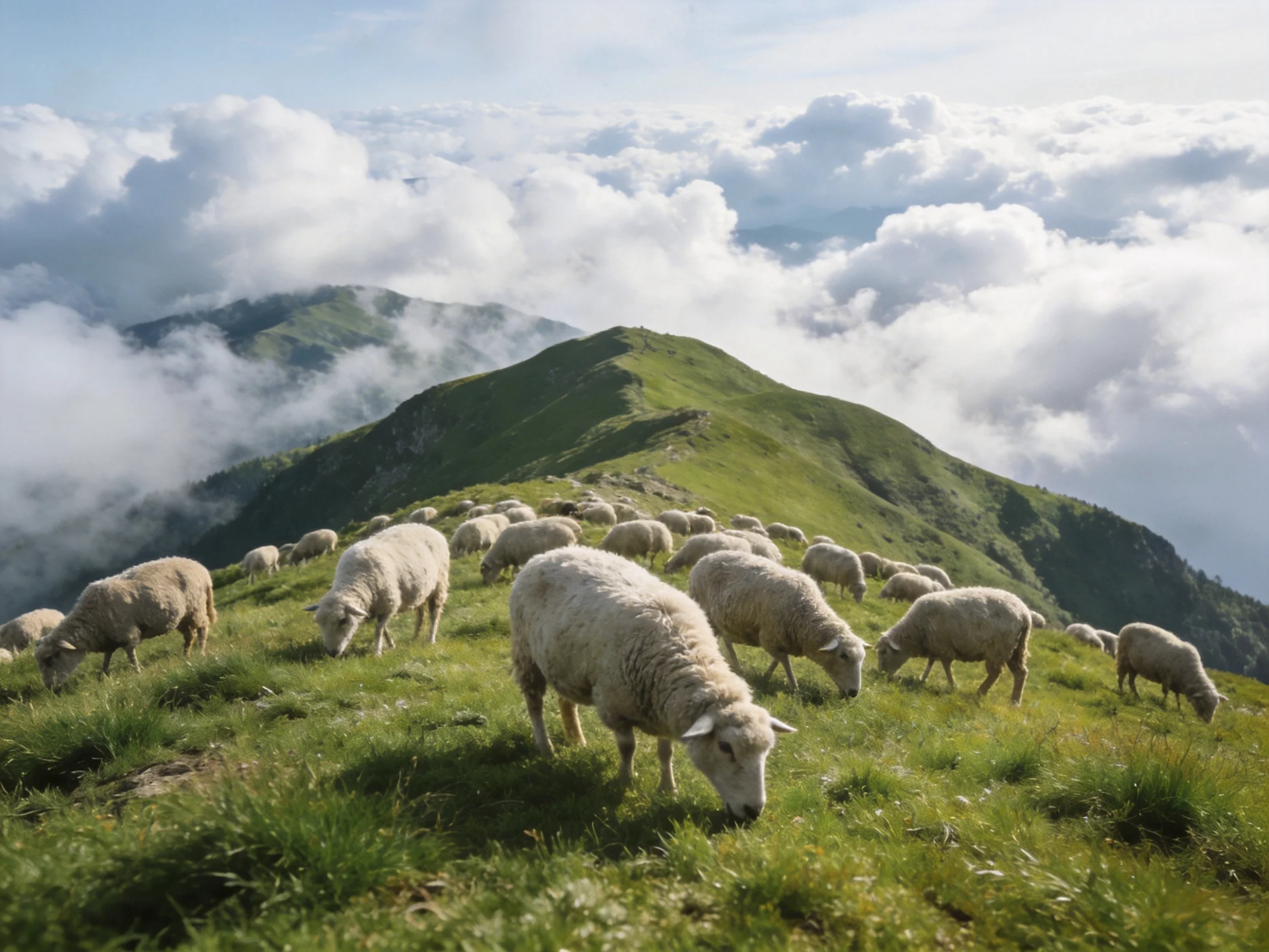 White sheep graze on a verdant mountain ridge above clouds