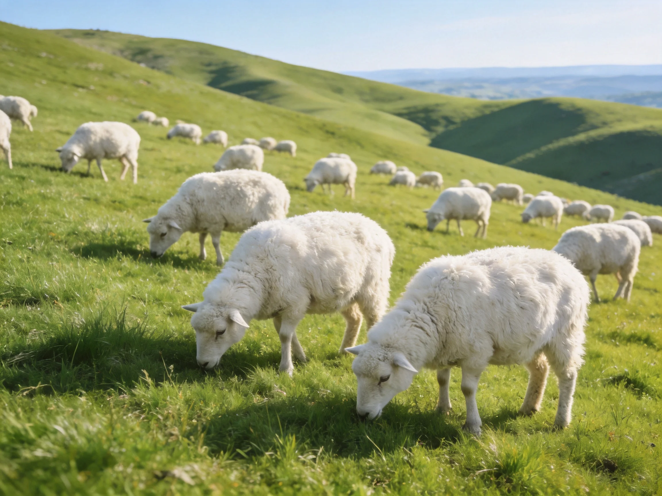 White sheep graze on rolling emerald hills under clear blue sky