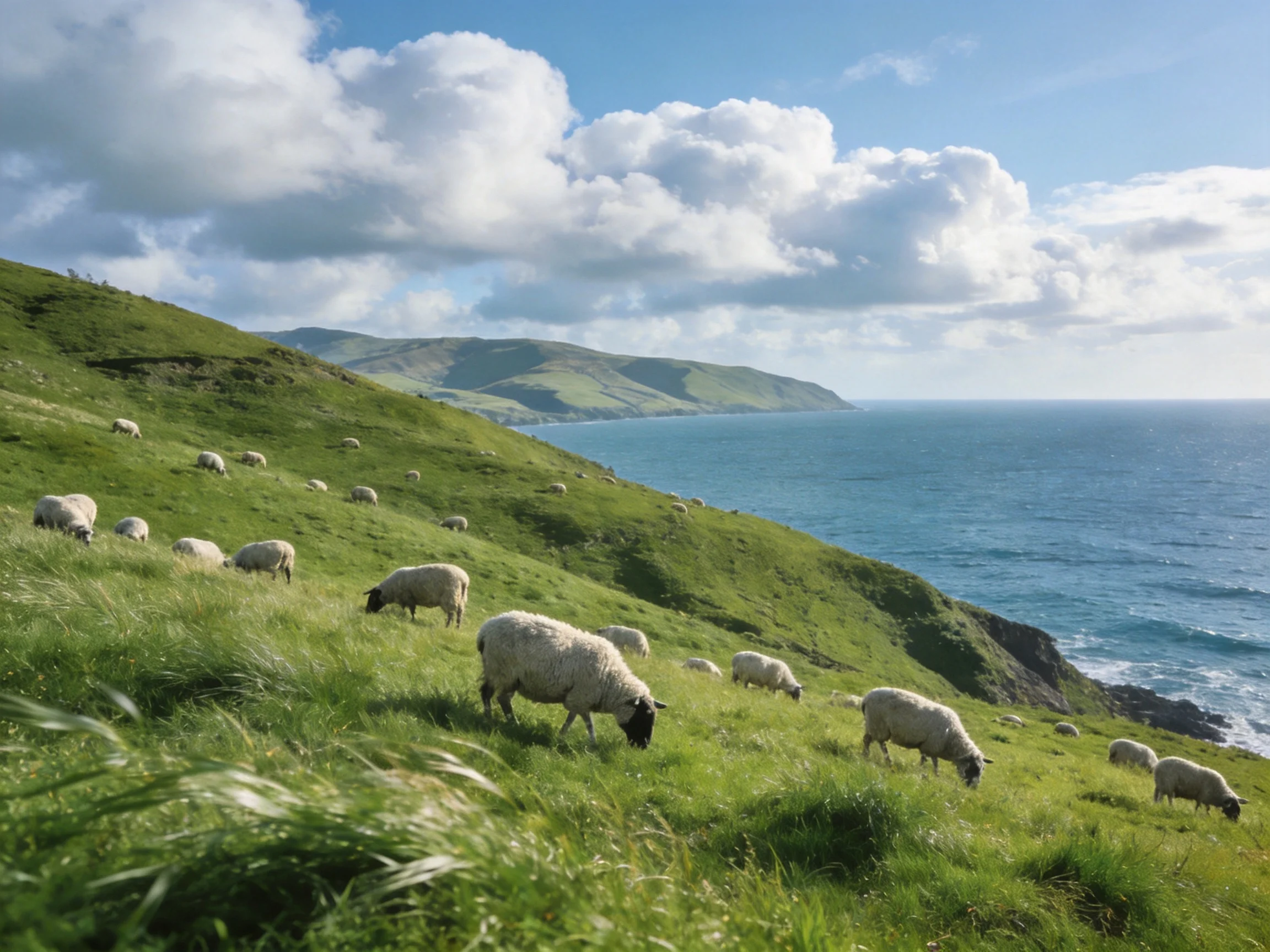 White sheep graze on green coastal terrain adjacent to the blue sea.