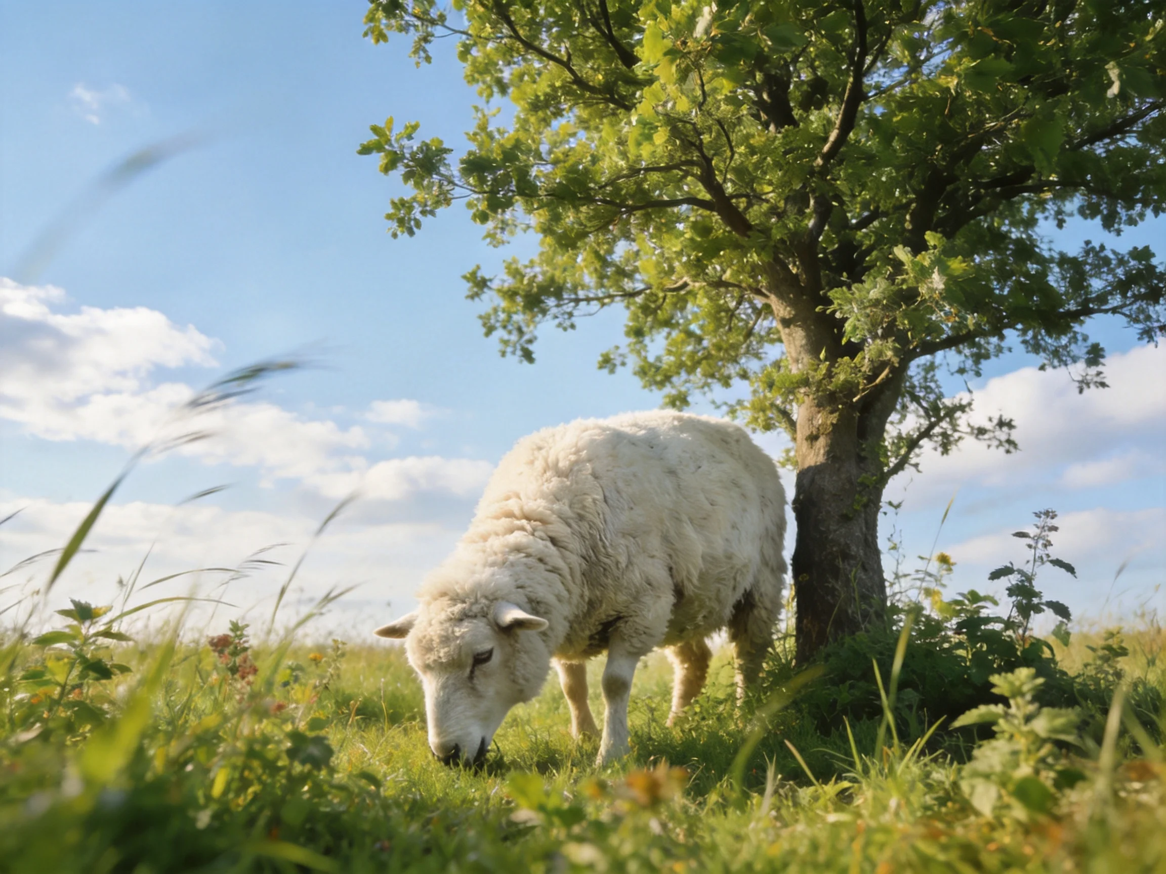 White sheep grazing by leafy tree in sunlit meadow