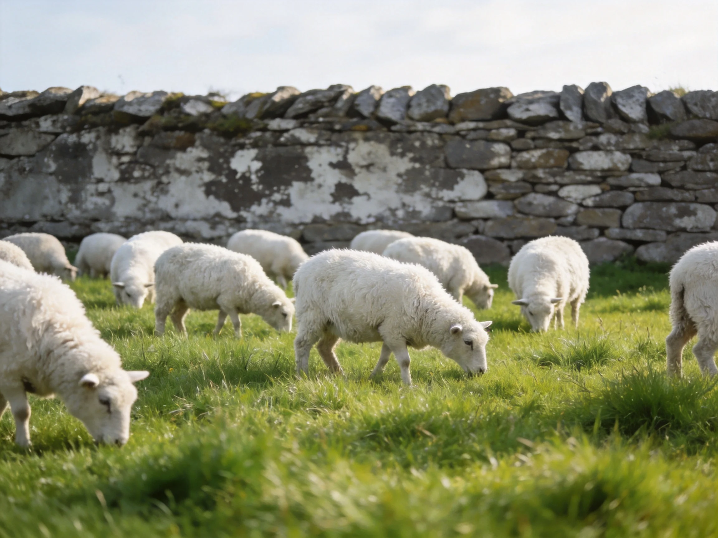 White sheep grazing in a green pasture by an old stone wall