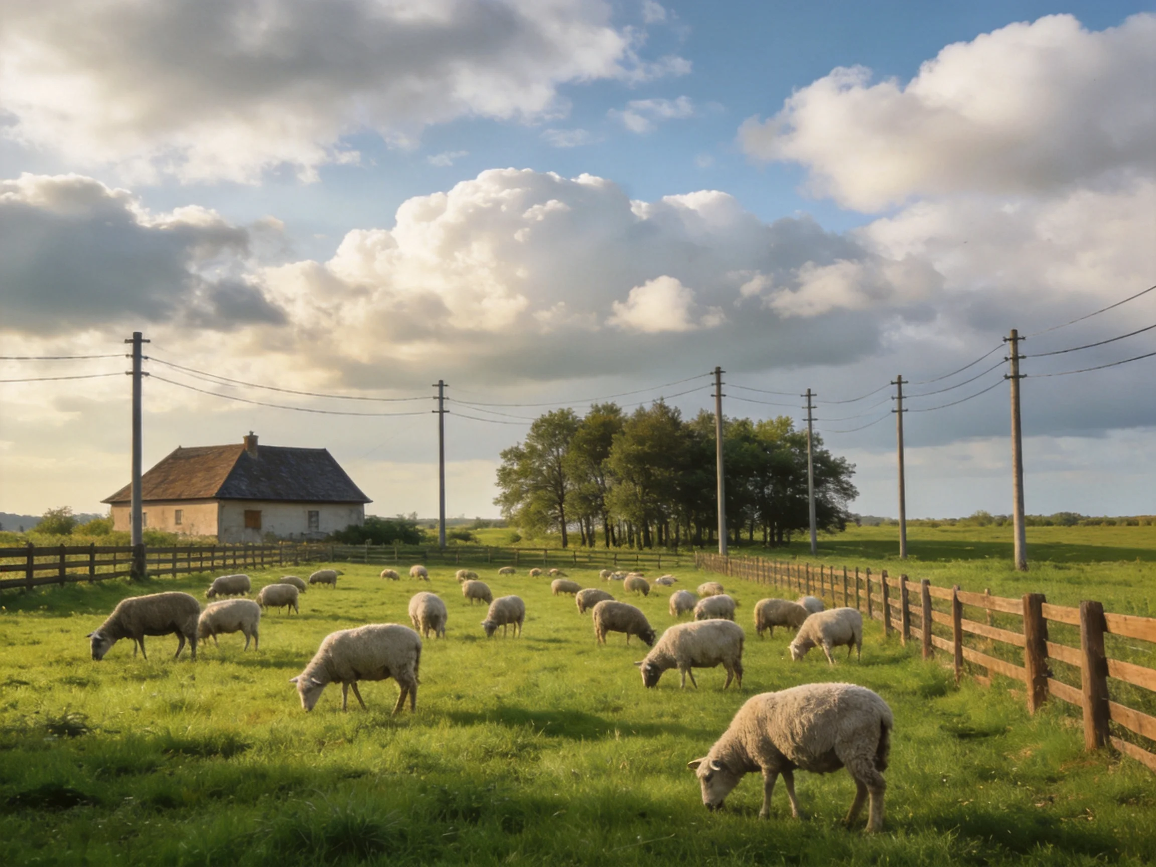 White sheep grazing in a green pasture near an old farmhouse