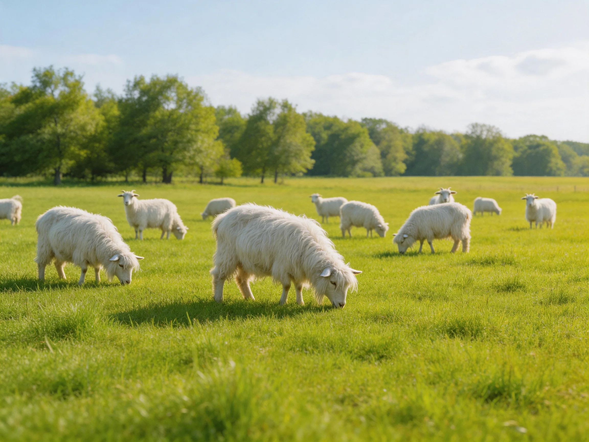 White sheep grazing in a lush green meadow near leafy trees