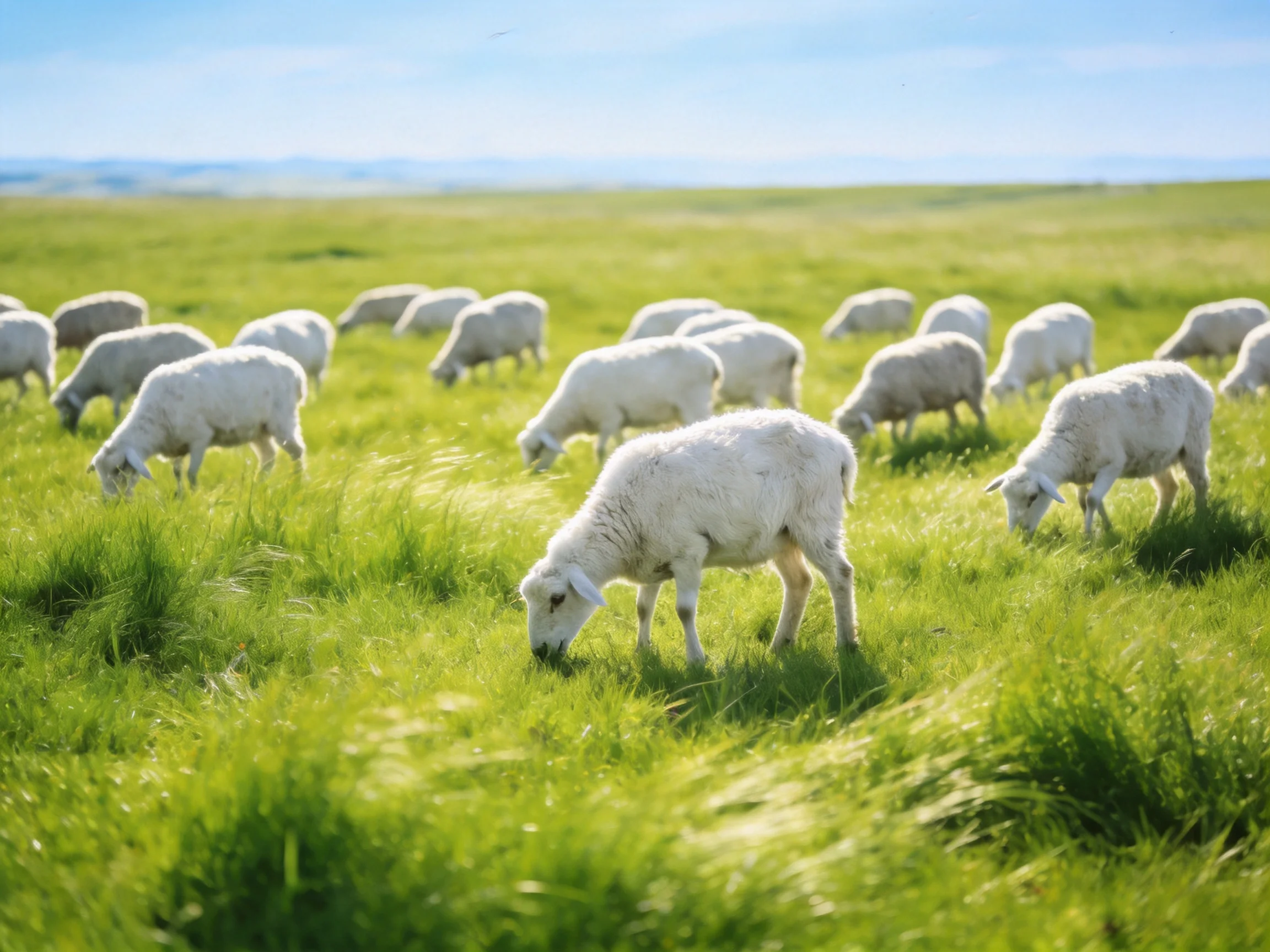 A flock of white sheep graze in a spacious green meadow.