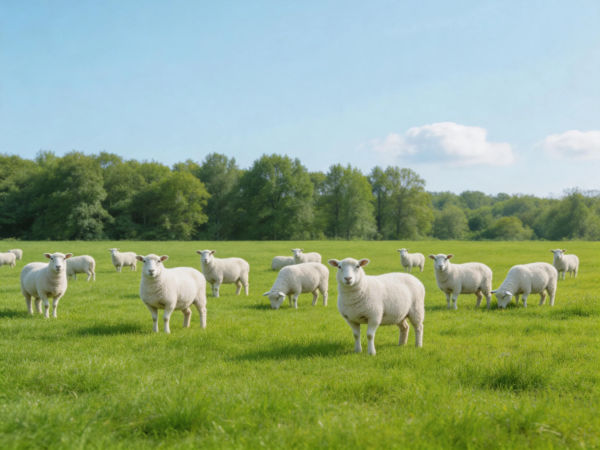 A flock of white sheep grazes in a vibrant green meadow near wooded areas.