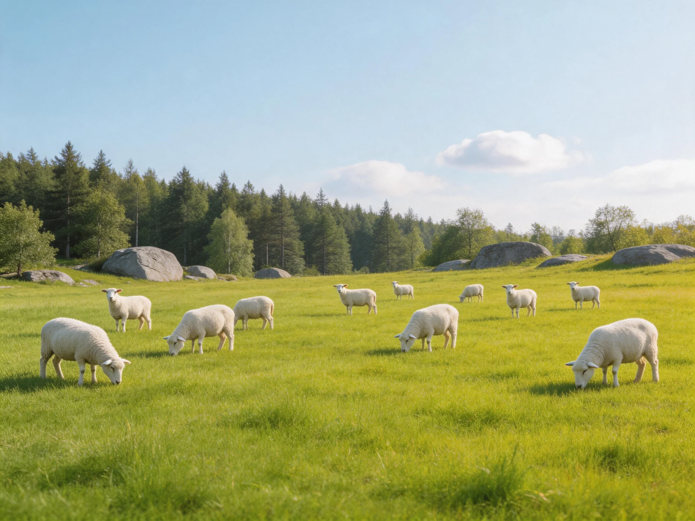 Sheep graze peacefully in a sunny, grassy field with trees and rocks nearby.