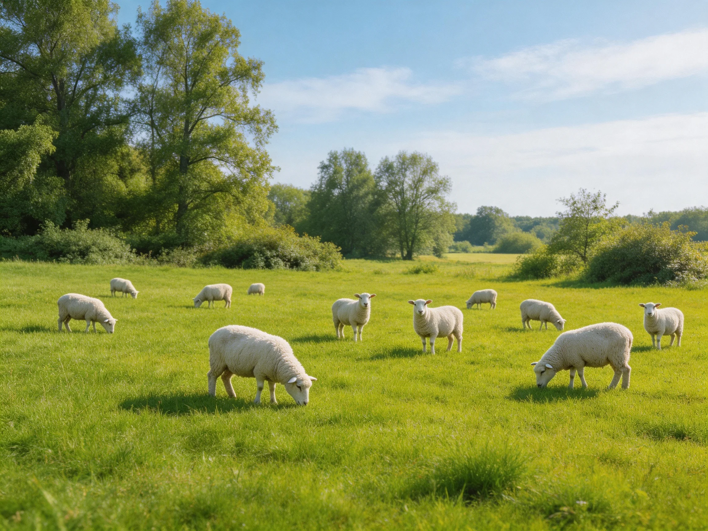 Sheep graze in a sunny green meadow near trees.